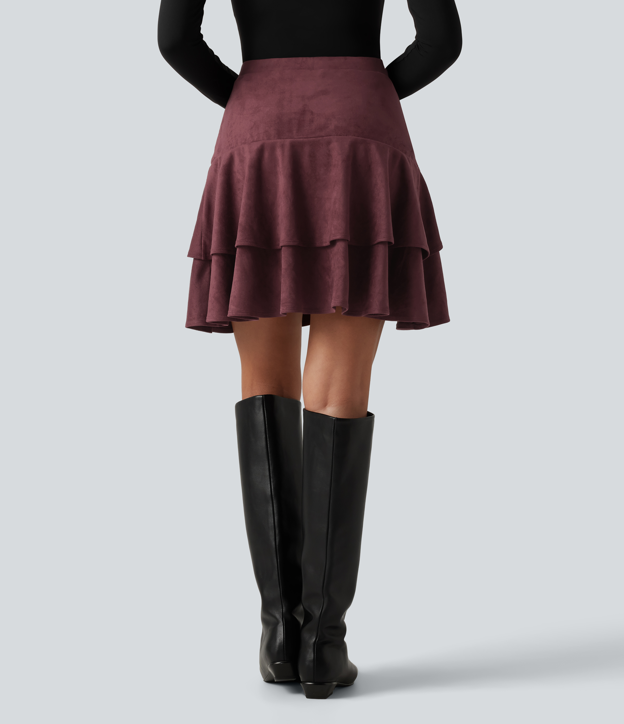 Chocolate Truffle Fustă casual mini din suede, talie înaltă, 2-în-1, mini cu lungime mai lungă, cu volane stratificate la tiv și buzunar / 2