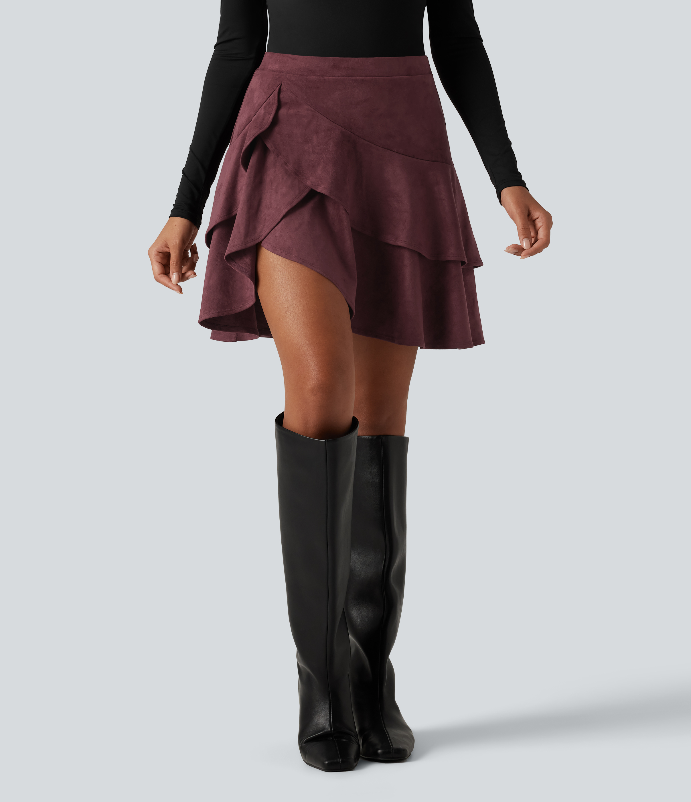 High Waisted Tiered Ruffle Hem 2-in-1 Longer Mini Suede Casual Skirt with Pocket