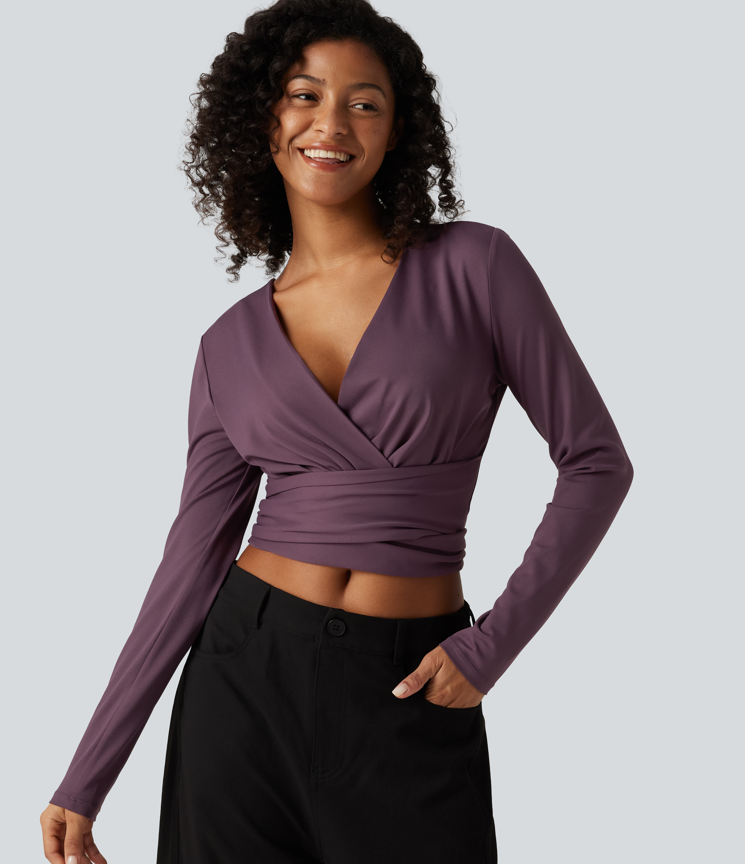 V Neck Long Sleeve Lace Up Work Top