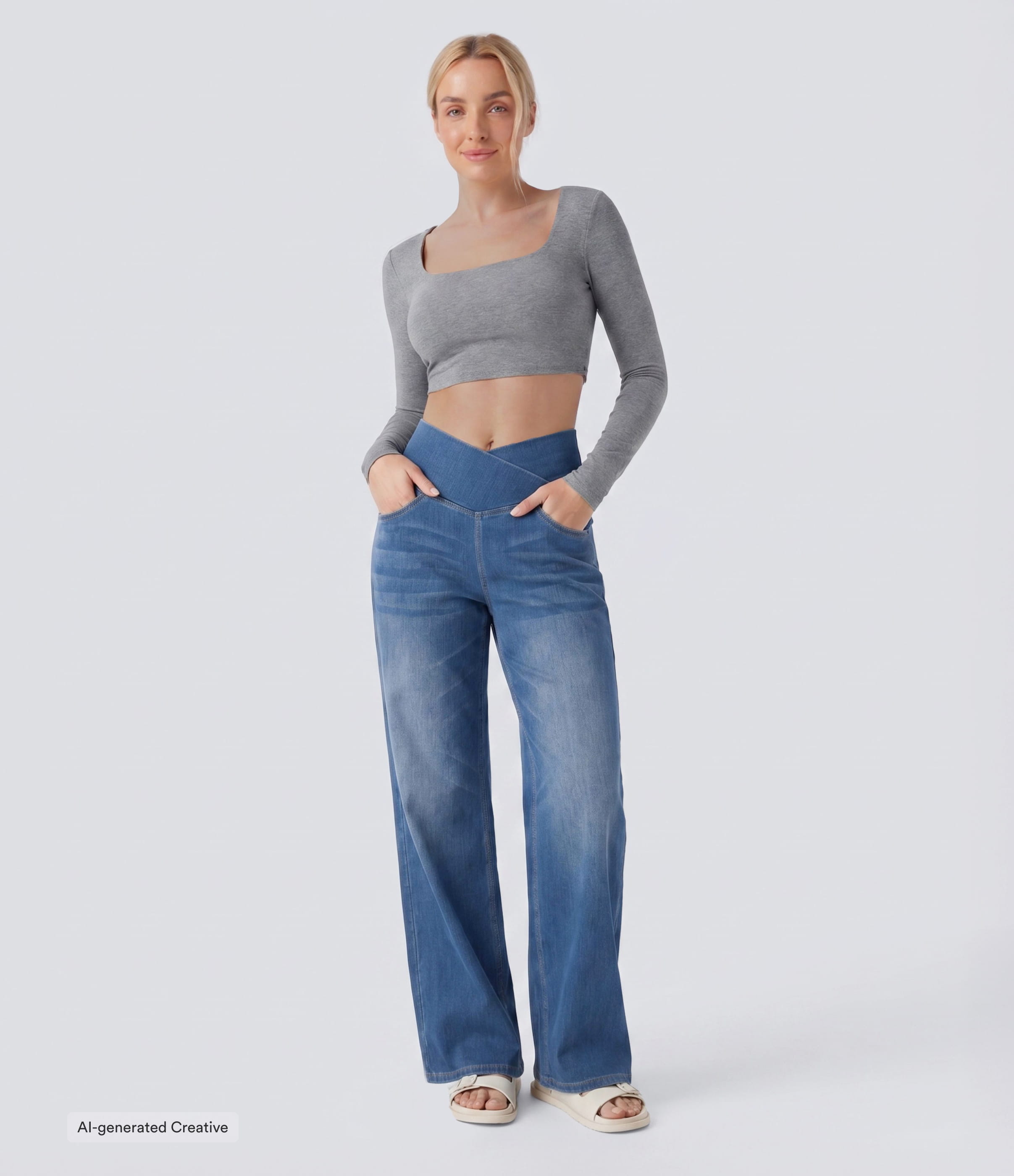Halara Flex™ Crossover High Waisted Tummy Control Casual Straight Leg Jeans with Pockets
