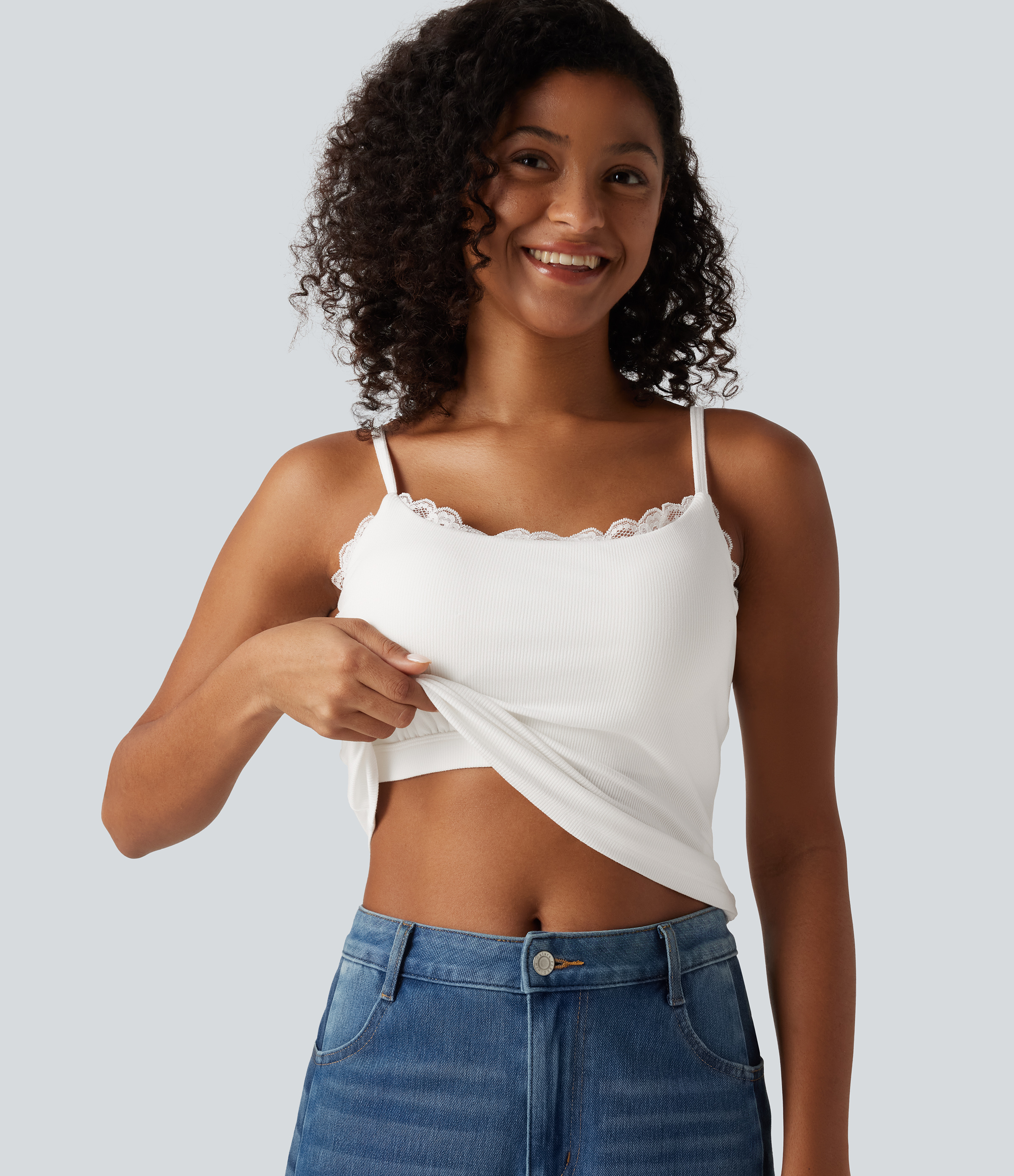 Ribbed Knit Round Neck Contrast Lace Built-in Bra Casual Tank Top