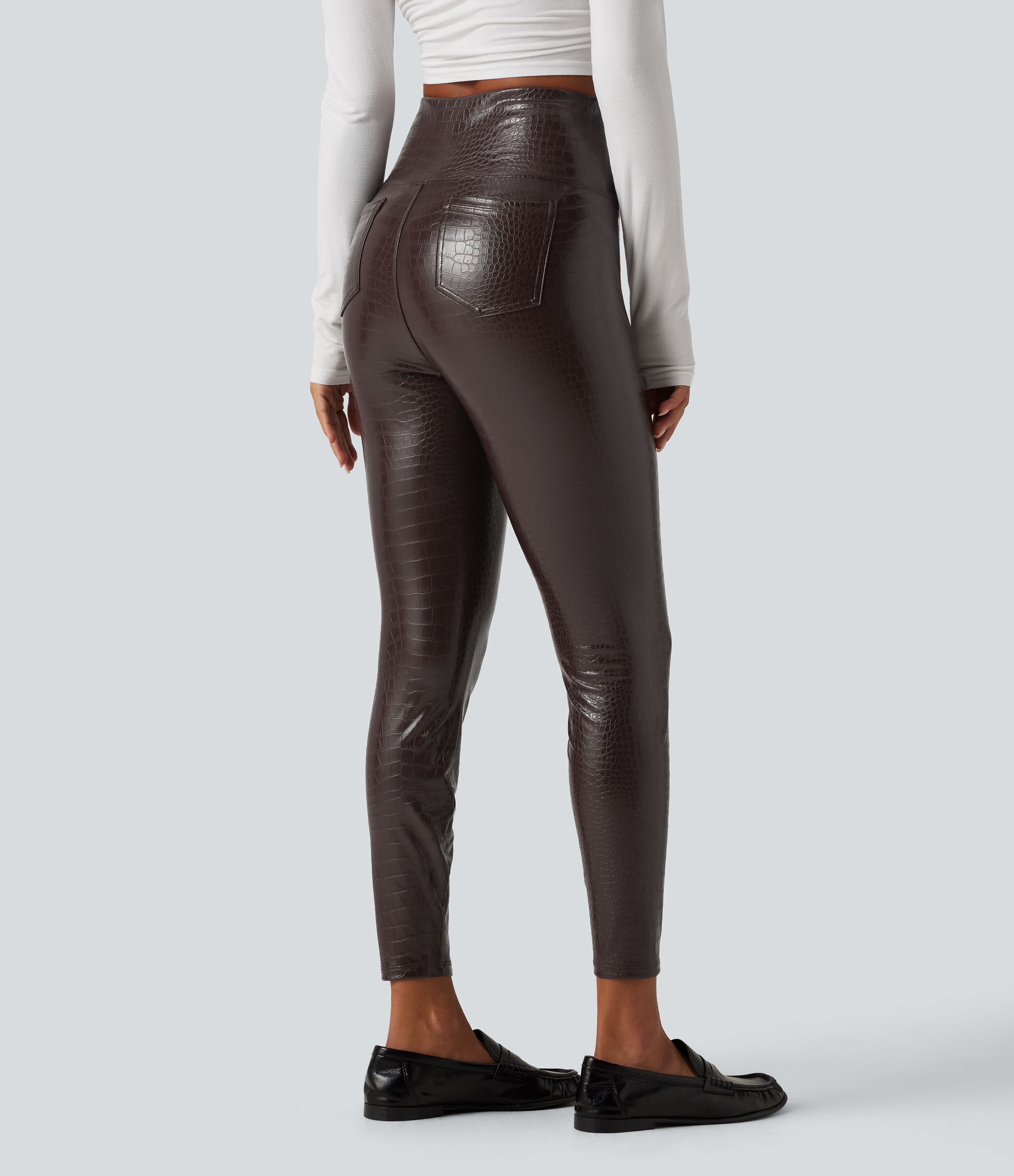 Cooked Fudge High Waisted Tummy Control Snakeskin Print Stretchy PU Fleece Skinny Casual Leggings with Pockets / 2