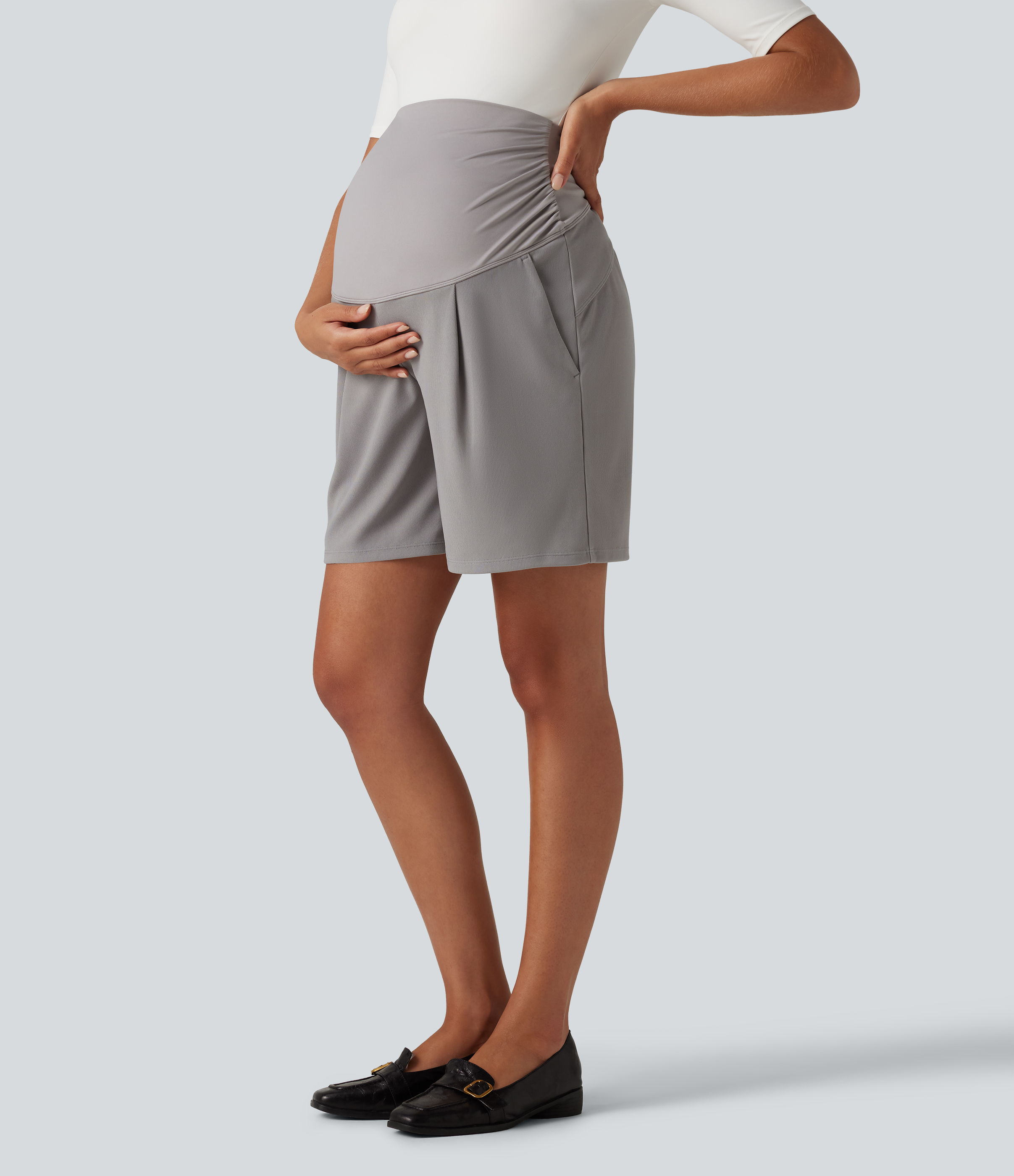 Super High Waisted Micro Waffle Work Bermuda Maternity Shorts 7" with Pockets