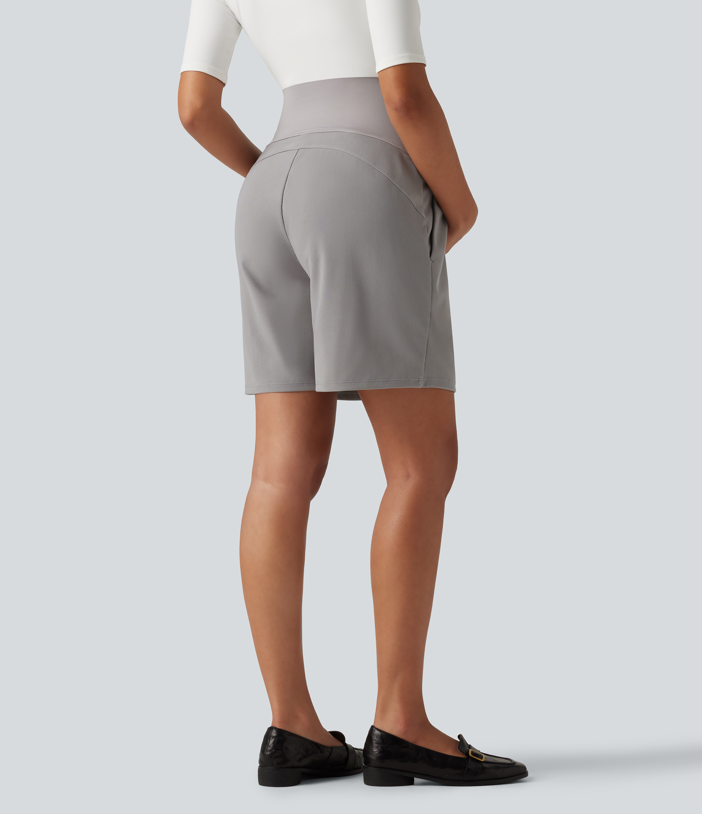 Satellite Super High Waisted Micro Waffle Work Bermuda Maternity Shorts 7" with Pockets / 2