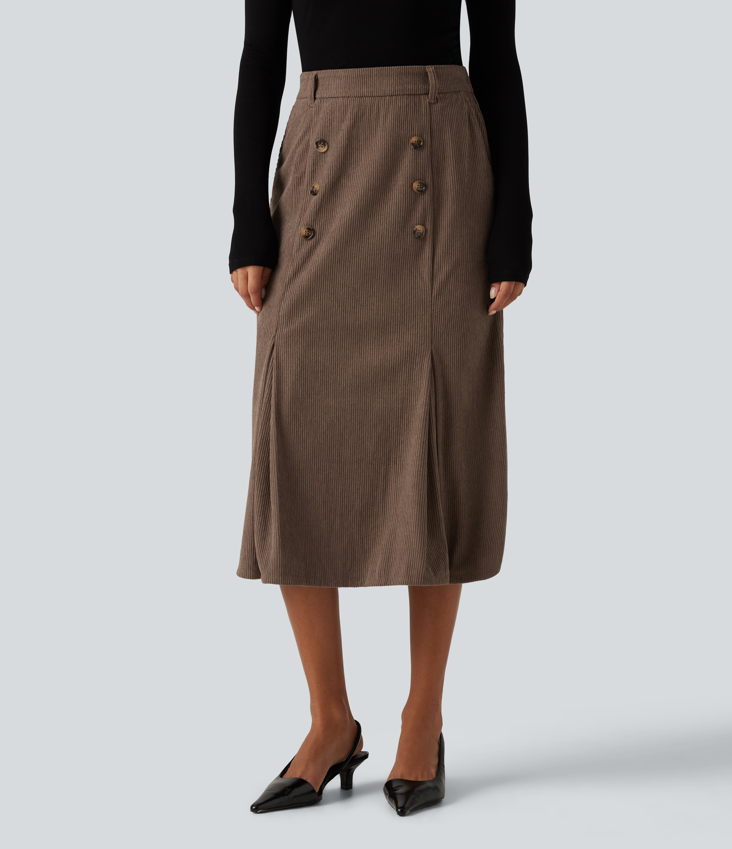 High Waisted Corduroy Midi Work Skirt with Pockets