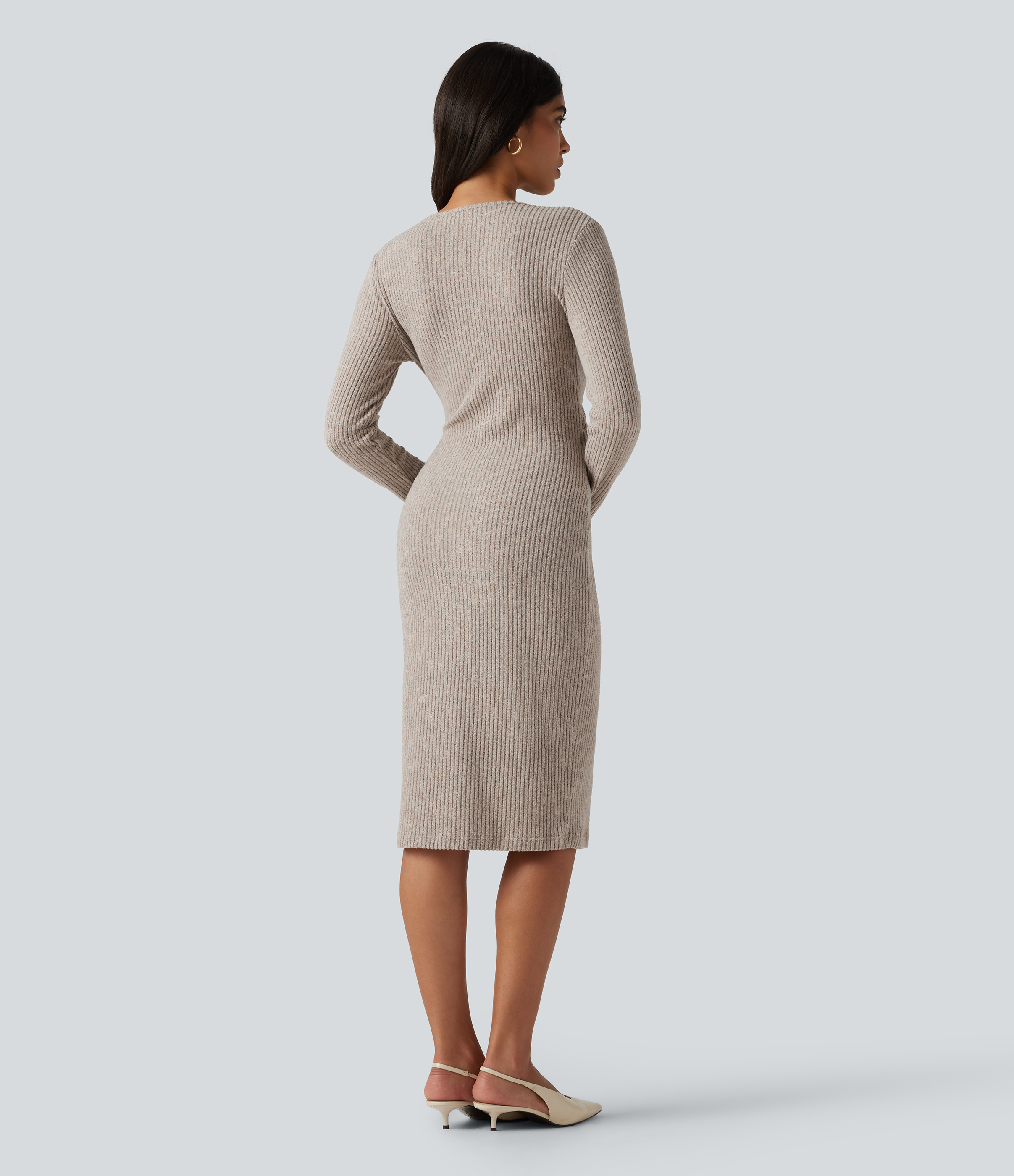 Smoked Olive Ribbed Knit V Neck Long Sleeve Bodycon Midi Casual Dress / 2