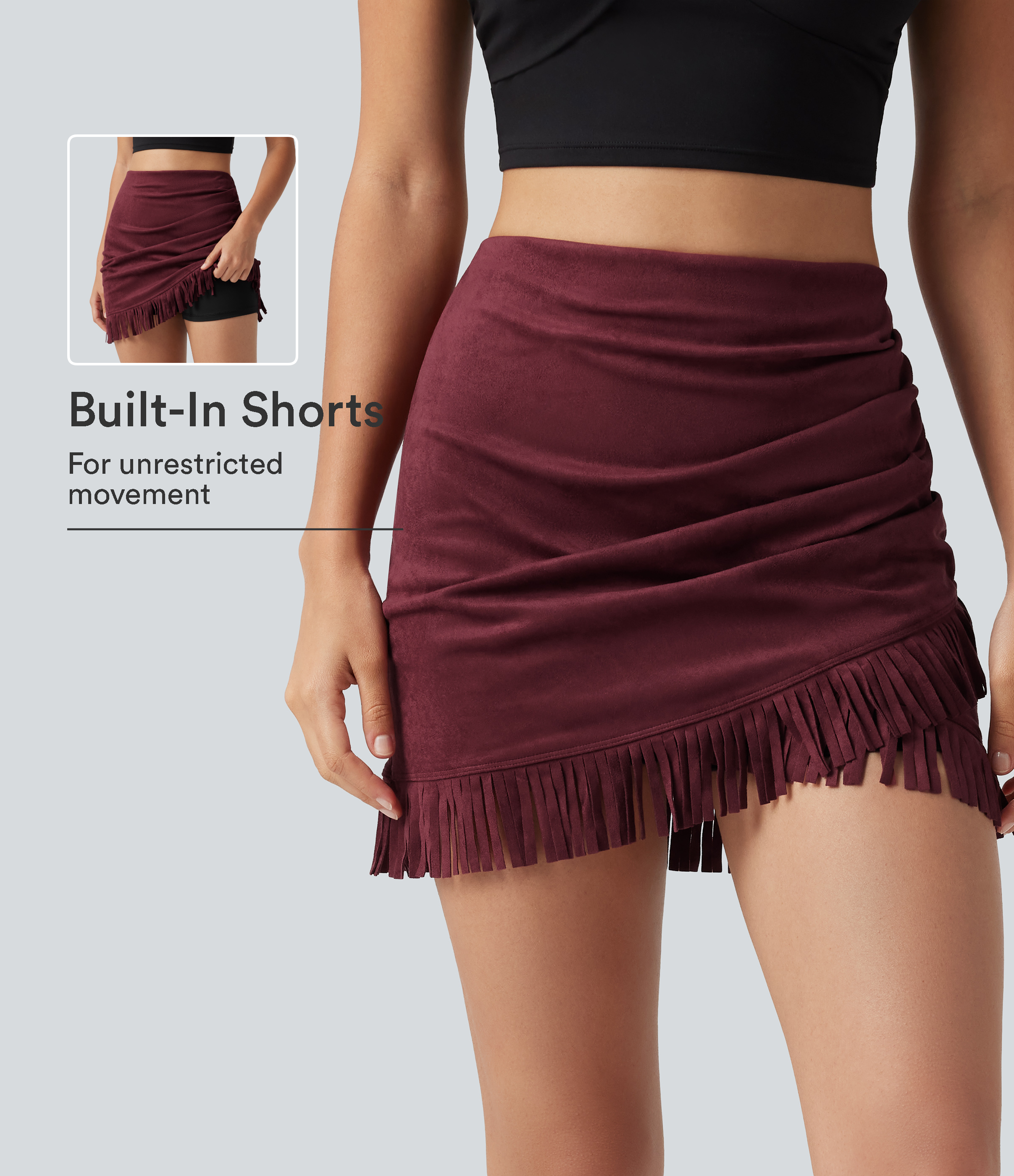 High Waisted 2-in-1 Fringe Hem Bodycon Mini Suede Party Skirt