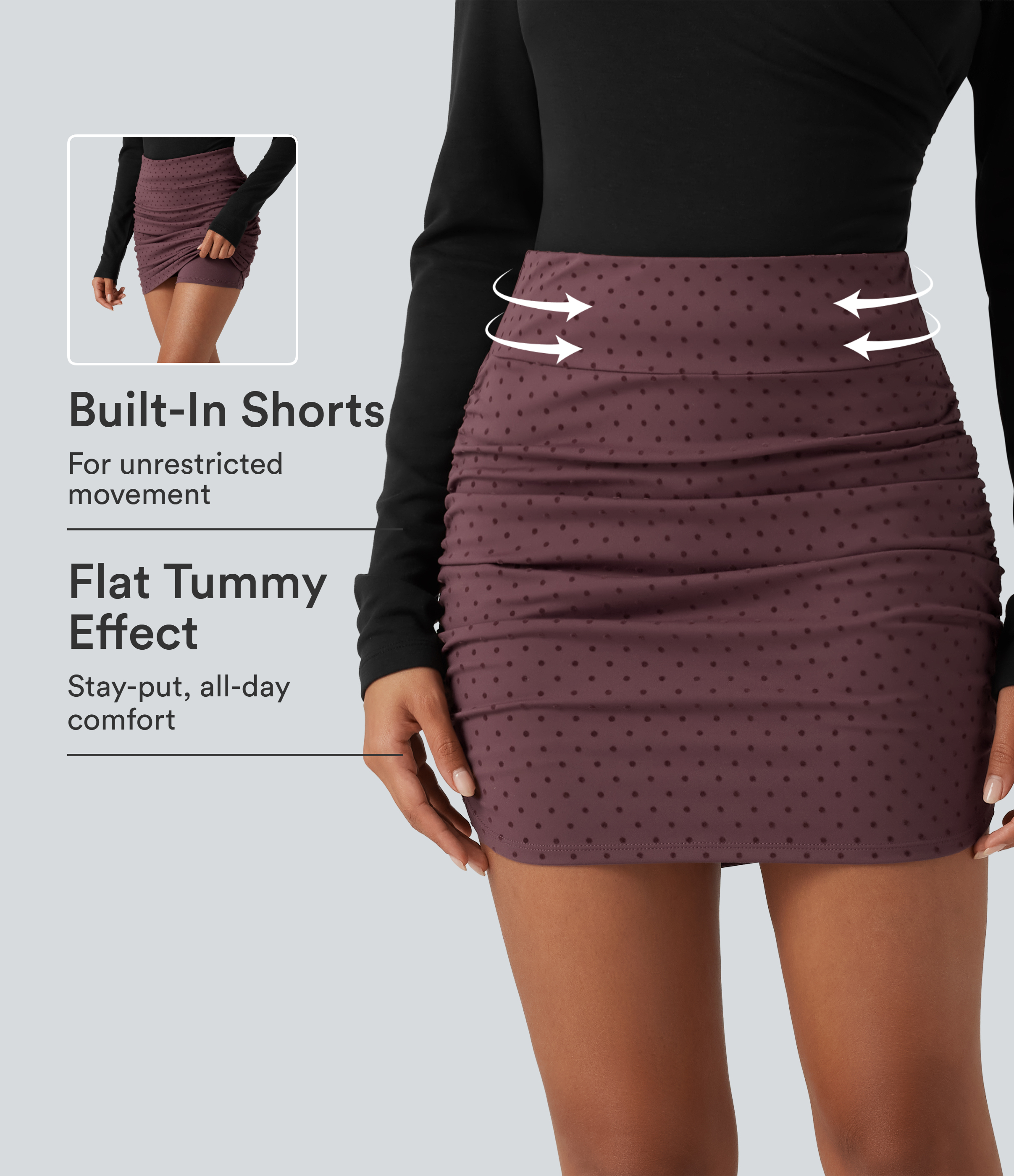 High Waisted Tummy Control Ruched Curved Hem 2-in-1 Polka Dot Velvet Mini Bodycon Skirt
