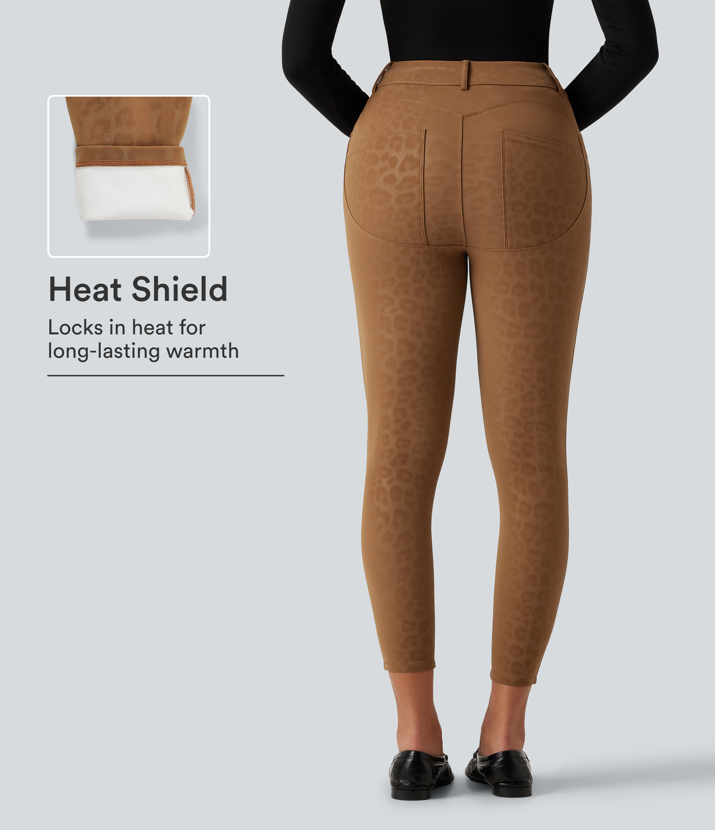 High Waisted Leopard Print Fleece Casual Leggings with Pockets