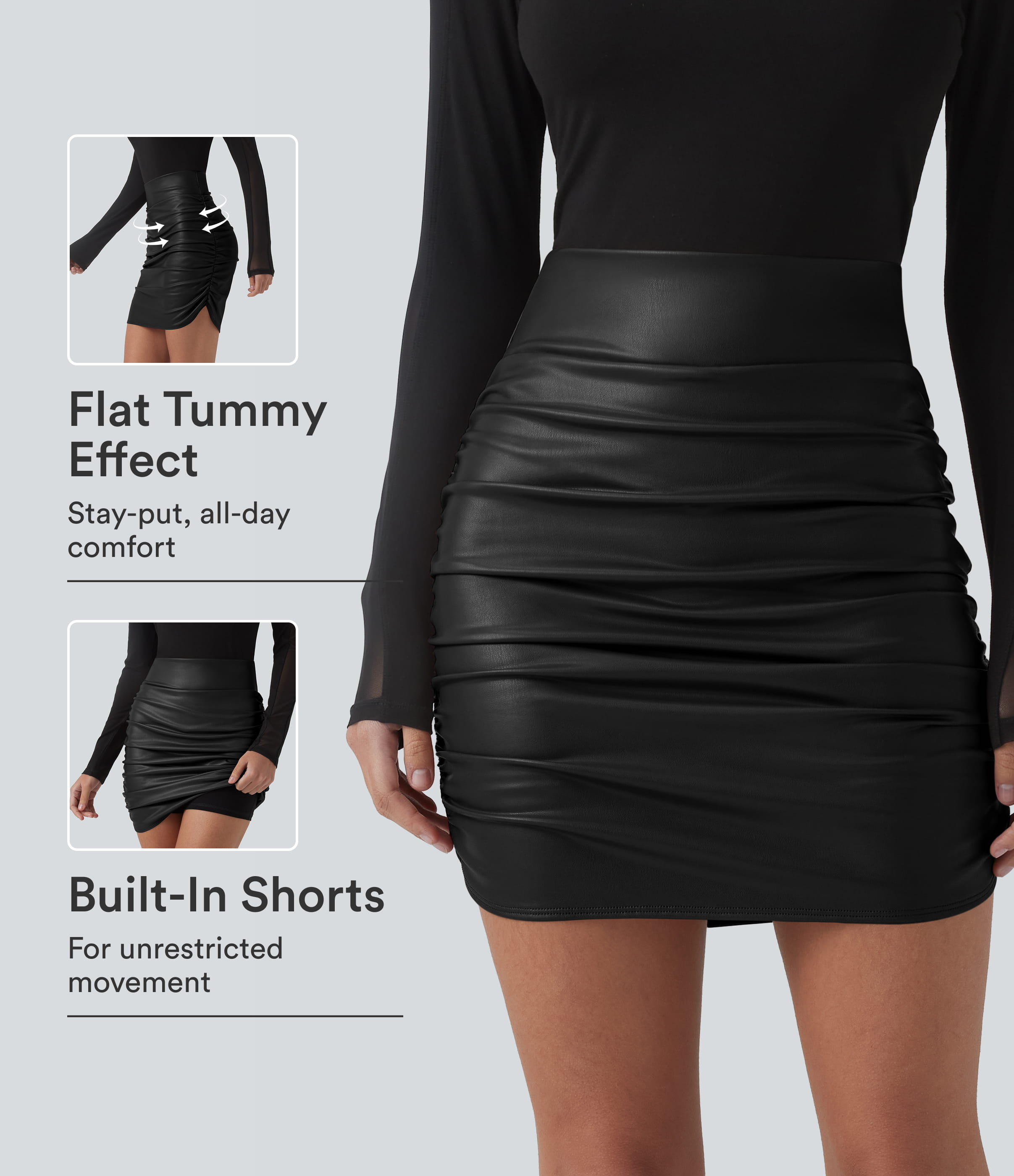 High Waisted Tummy Control Ruched Curved Hem 2-in-1 Fleece PU Mini Bodycon Party Skirt-Longer Length