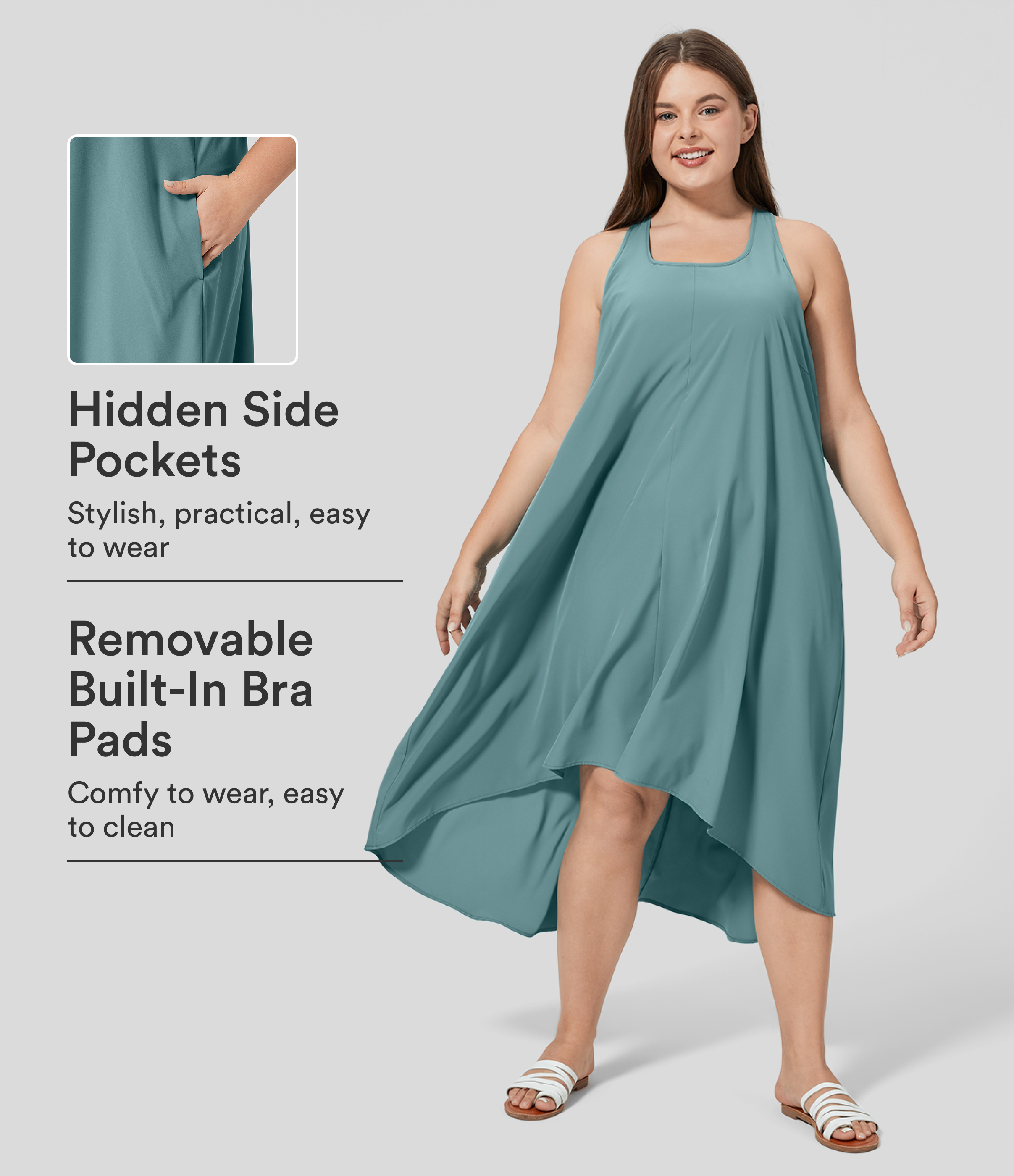 Breezeful™ Backless Racerback Side Pocket High Low Flowy Midi Quick Dry Casual Plus Size Dress