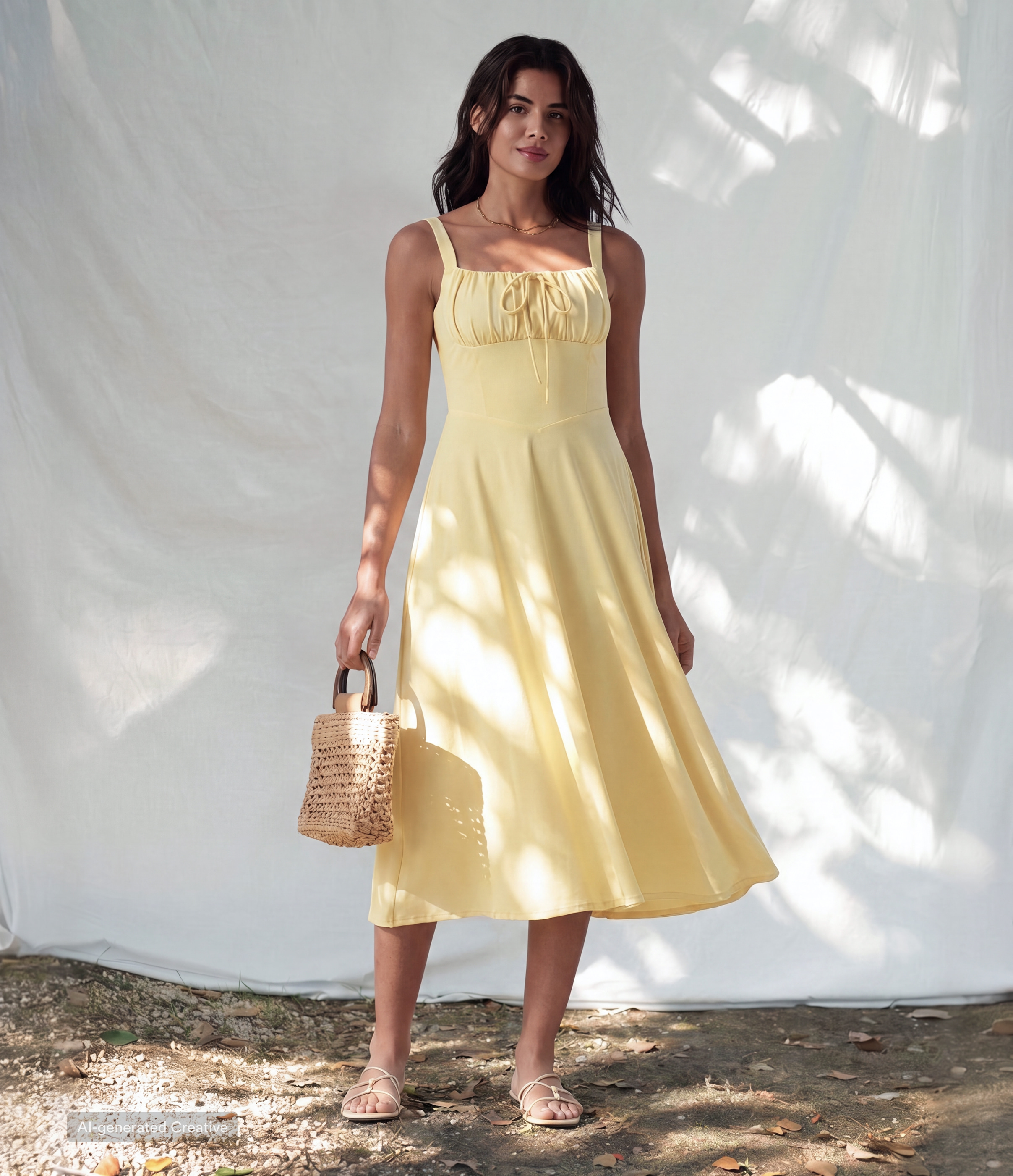 Crisscross Backless Square Neck Sleeveless Ruched Built-in Bra Midi Resort Flowy Milkmaid Dress