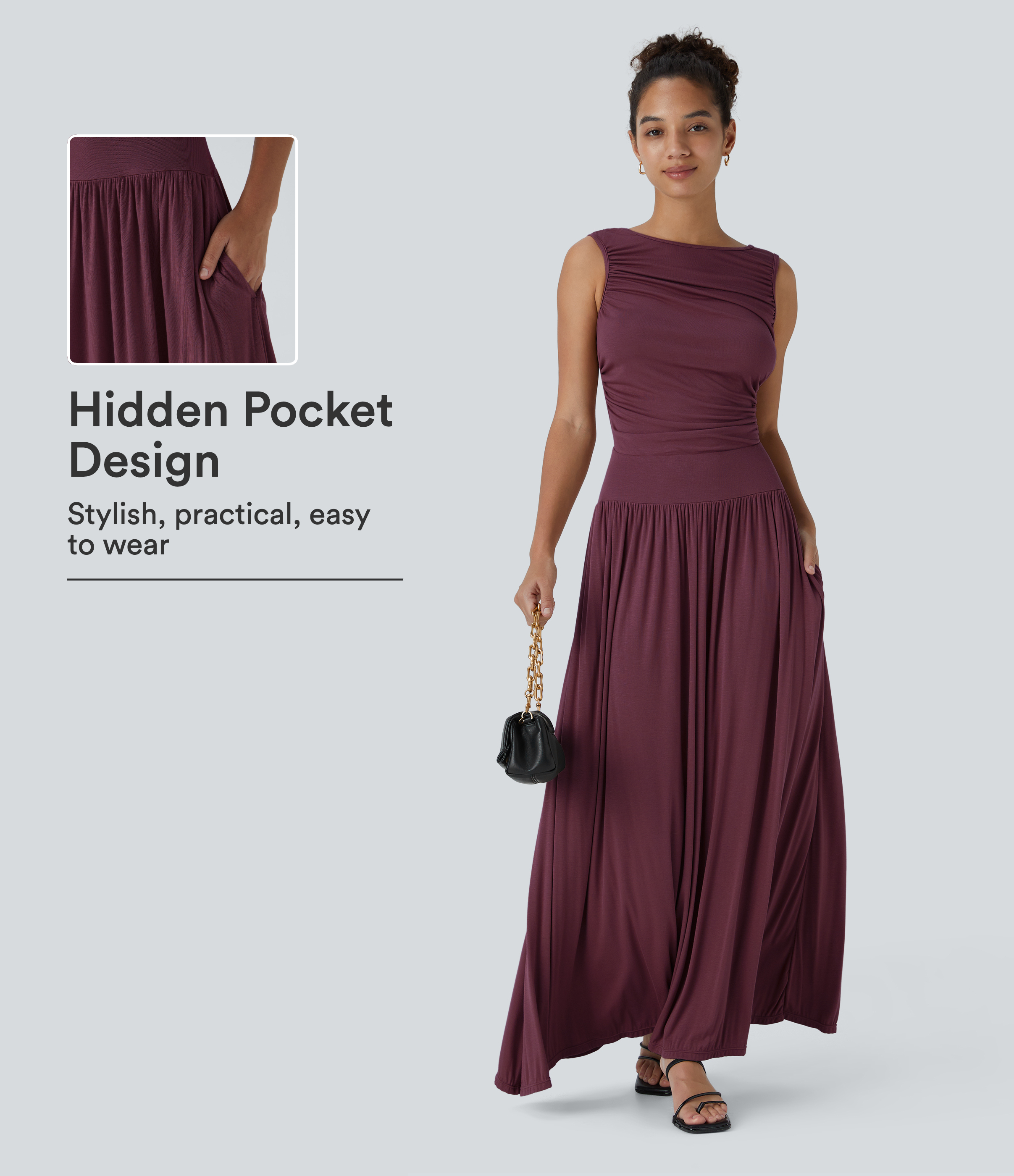 Ribbed Boat Neck Asymmetric Strap Ruched Side Pocket Flowy Maxi Casual Dress