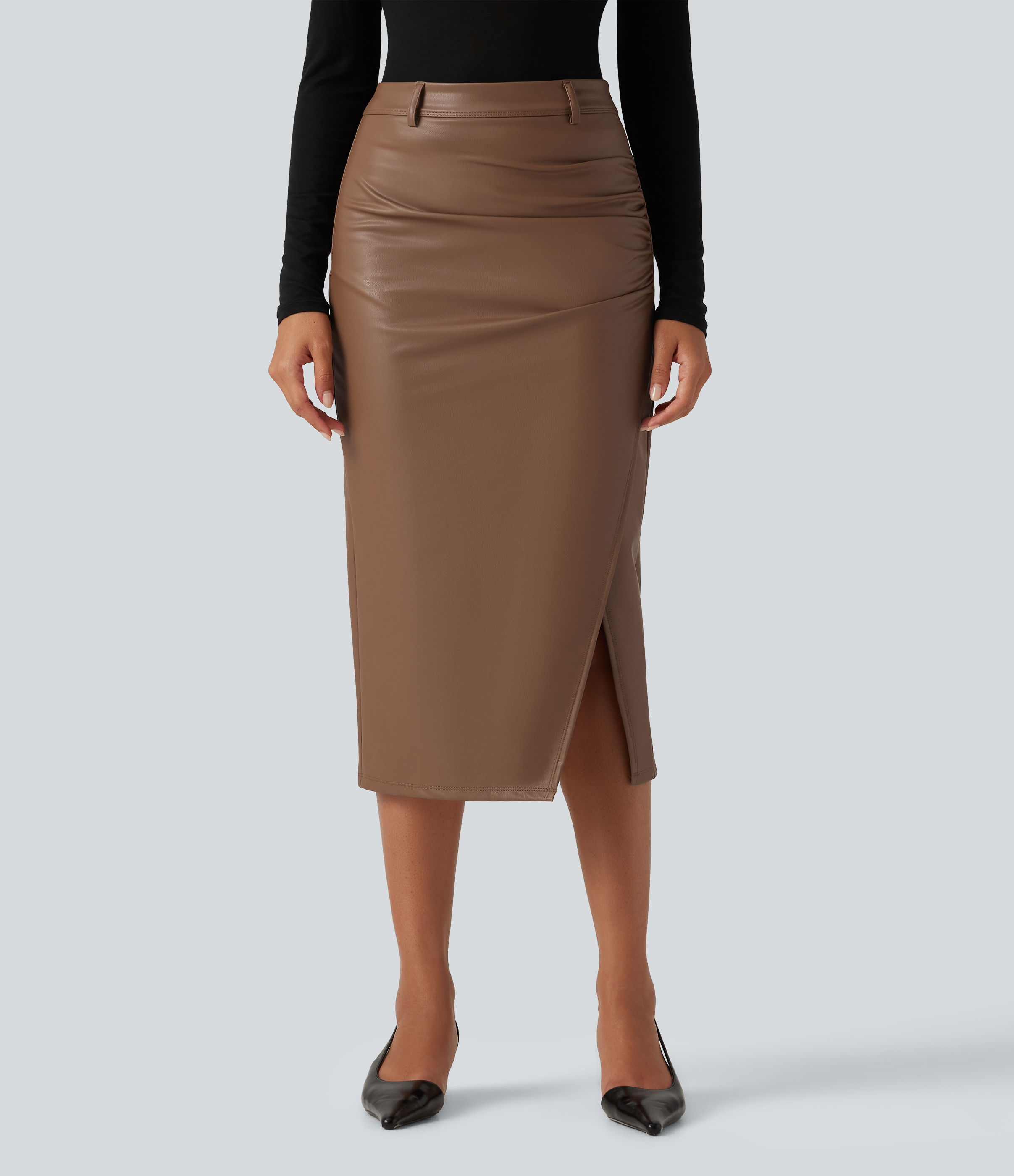 High Waisted Ruched Slit Hem Fleece PU Midi Bodycon Party Skirt