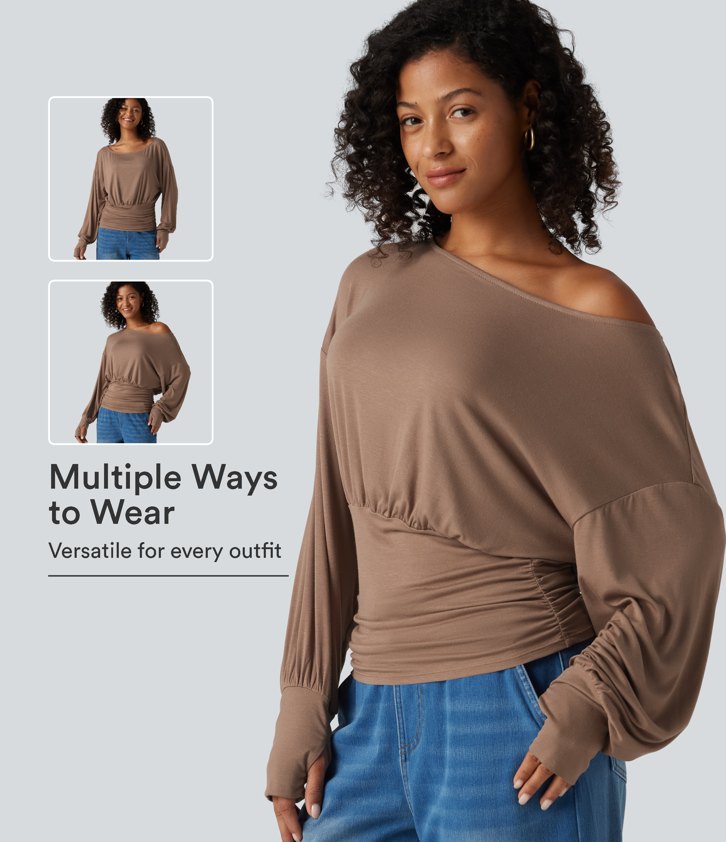 Ribbed Batwing Long Sleeve Ruched Thumb Hole Gathered Hem Casual Top