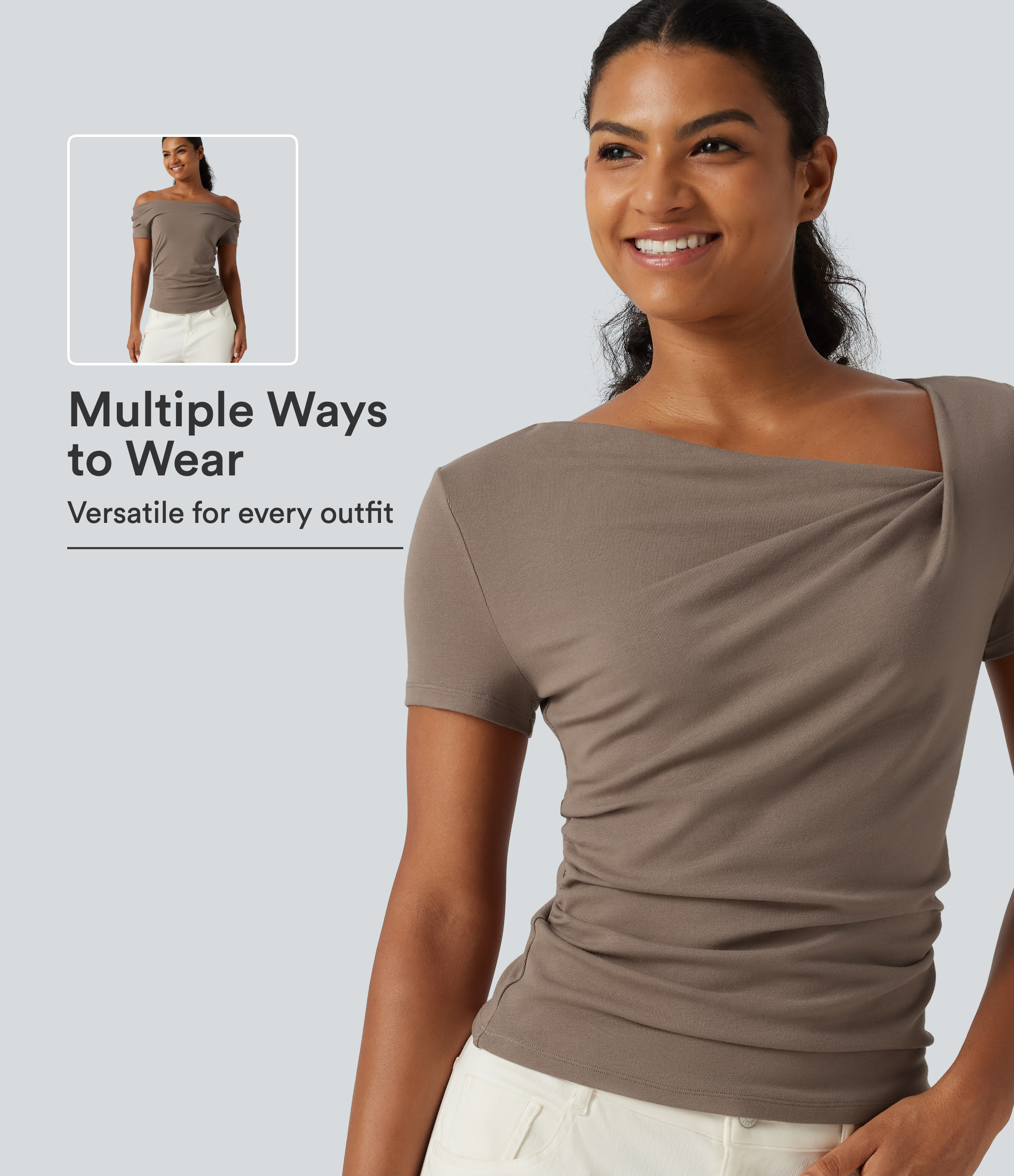 Ribbed Knit Asymmetric Neck Short Sleeve Ruched Casual T-Shirt