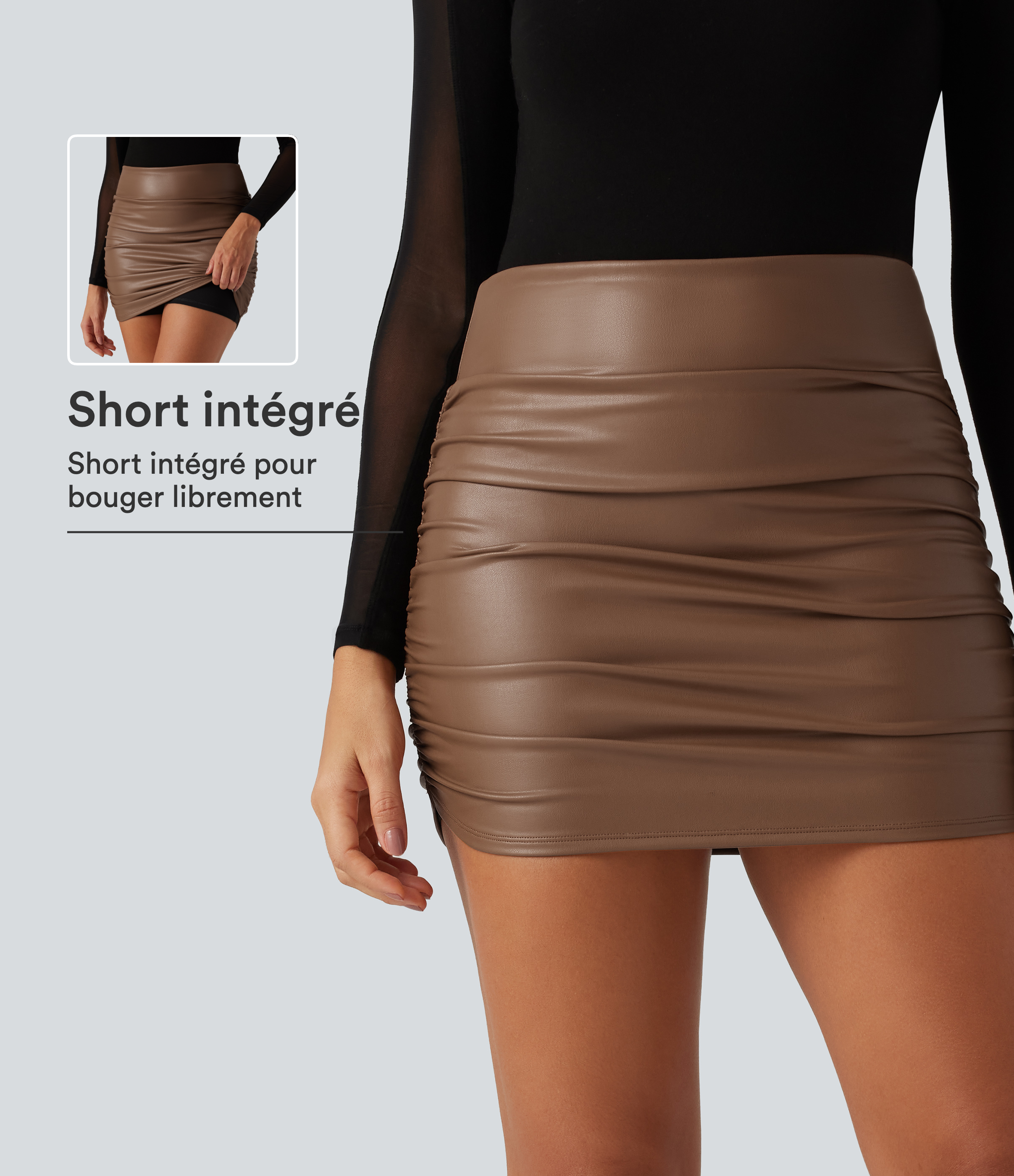 Jupe-short mini moulante taille haute froncée en simili doublé polaire avec ourlet arrondi