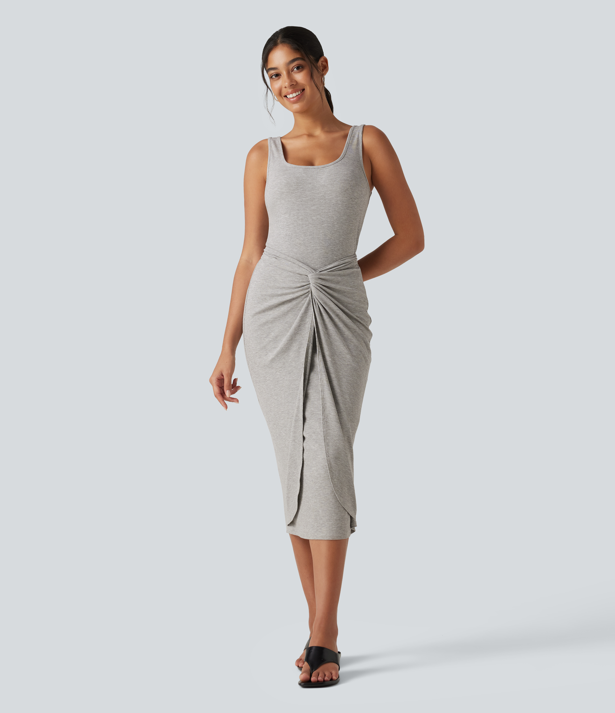 Ribbed Knit U Neck Sleeveless Heathered Bodycon Midi Casual Dress