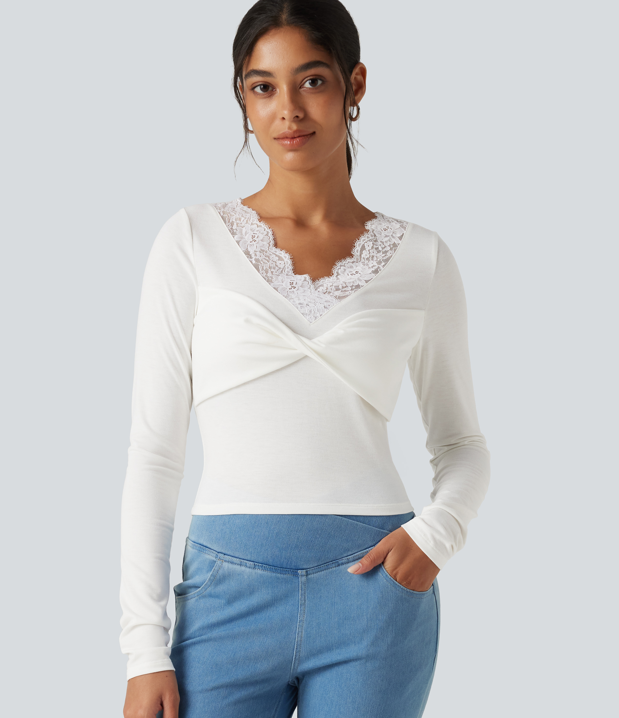 V‑Neck Lace Twisted Long Sleeve Casual Top