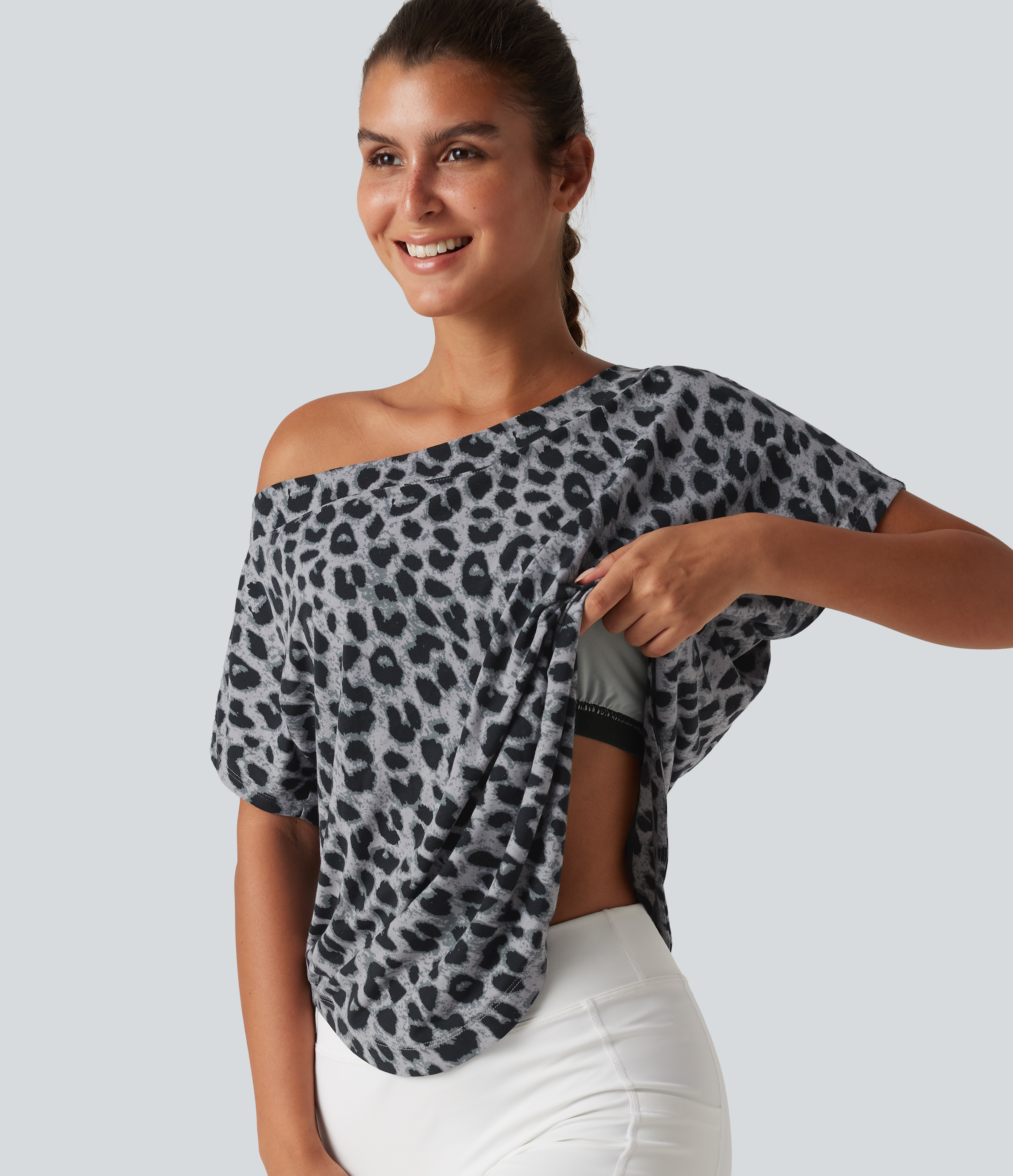 One Shoulder Short Sleeve Leopard Print Built-in Bra Curved Hem High Low Yoga Sports Top