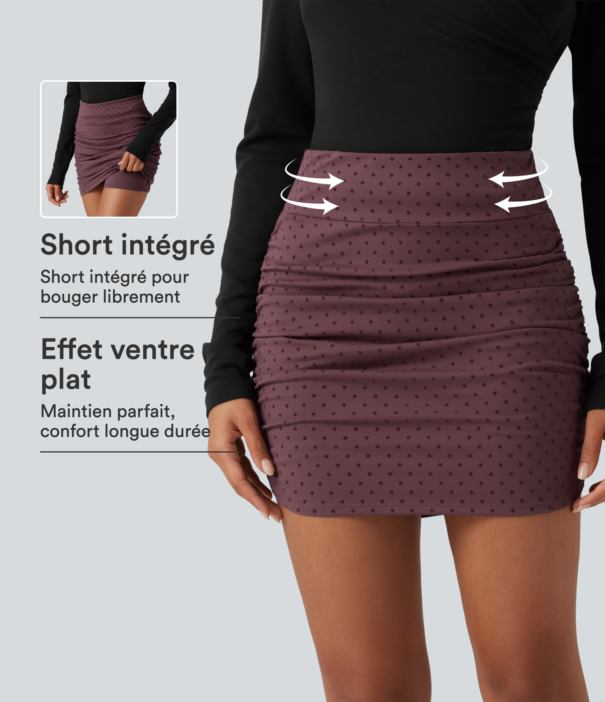 Jupe-short mini moulante taille haute gainante en velours à pois avec fronces et ourlet arrondi
