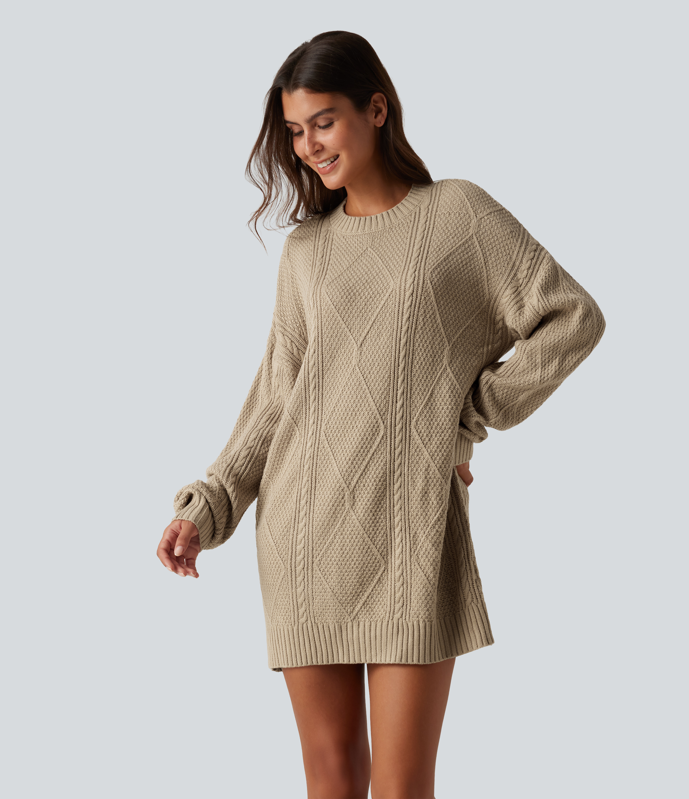 Round Neck Long Sleeve Cable Knit Mini Casual Sweater Dress