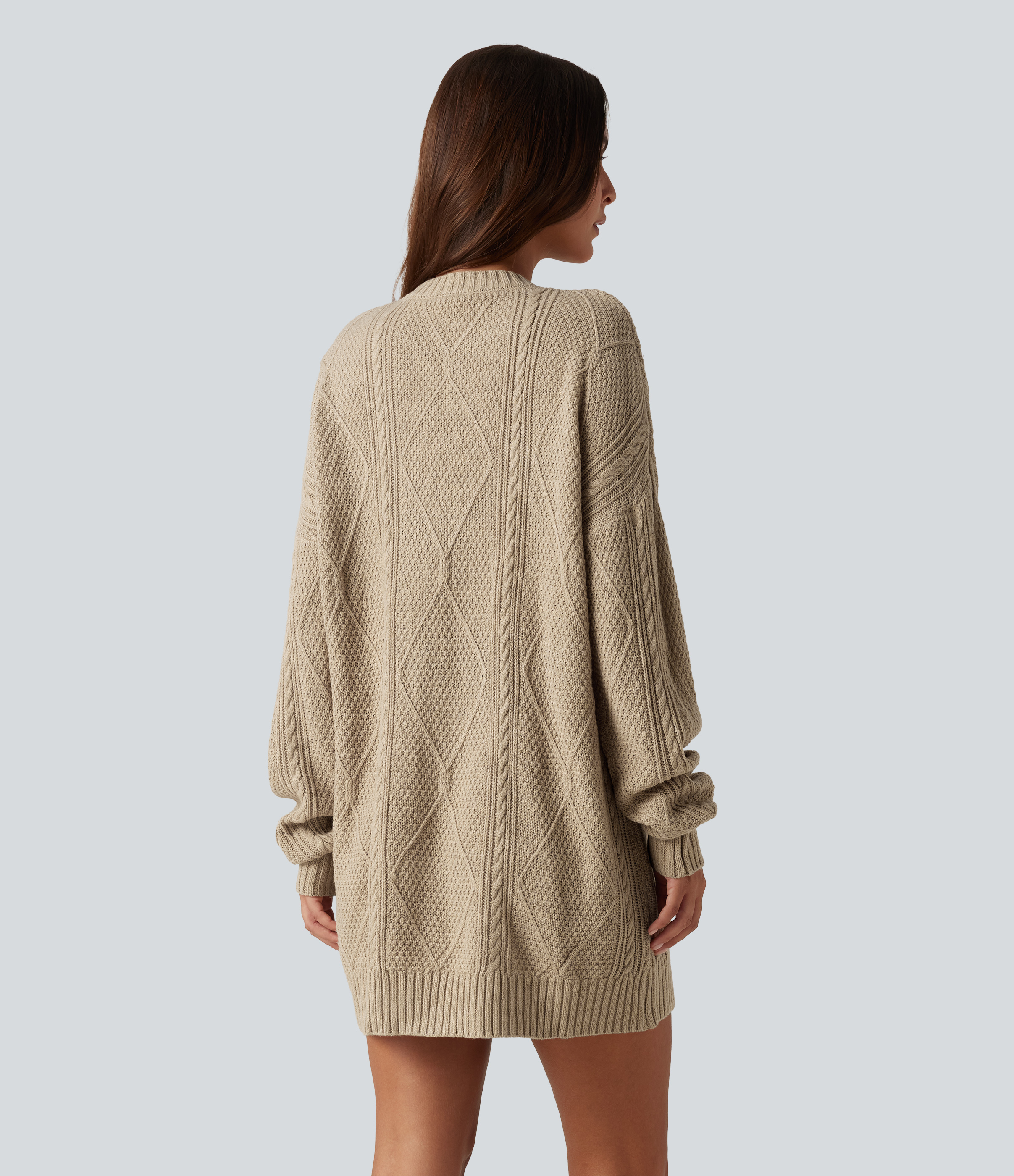 Wheat Beige Round Neck Long Sleeve Cable Knit Mini Casual Jumper Dress / 2
