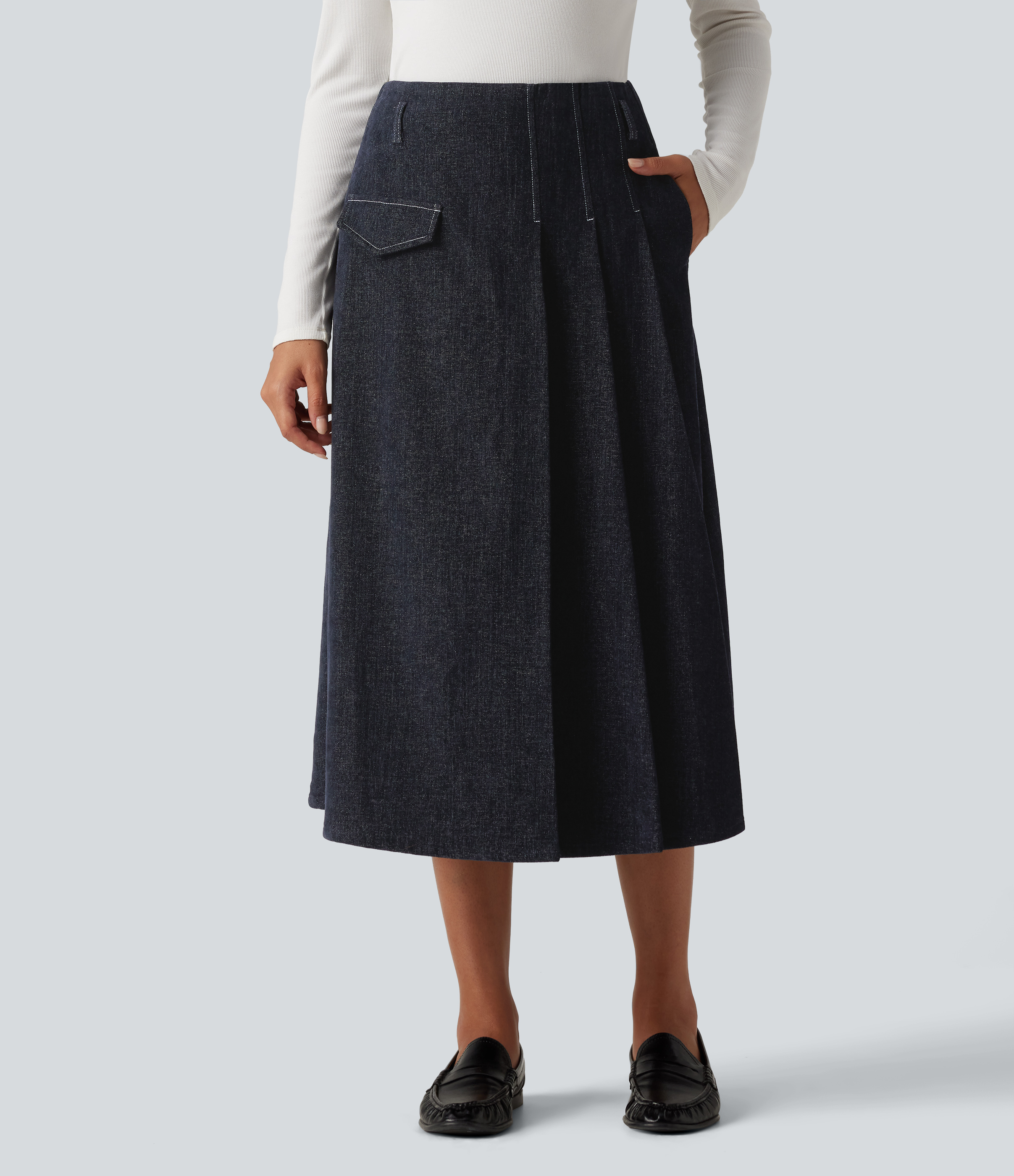 High Waisted A Line Midi Work Skirt with Pockets