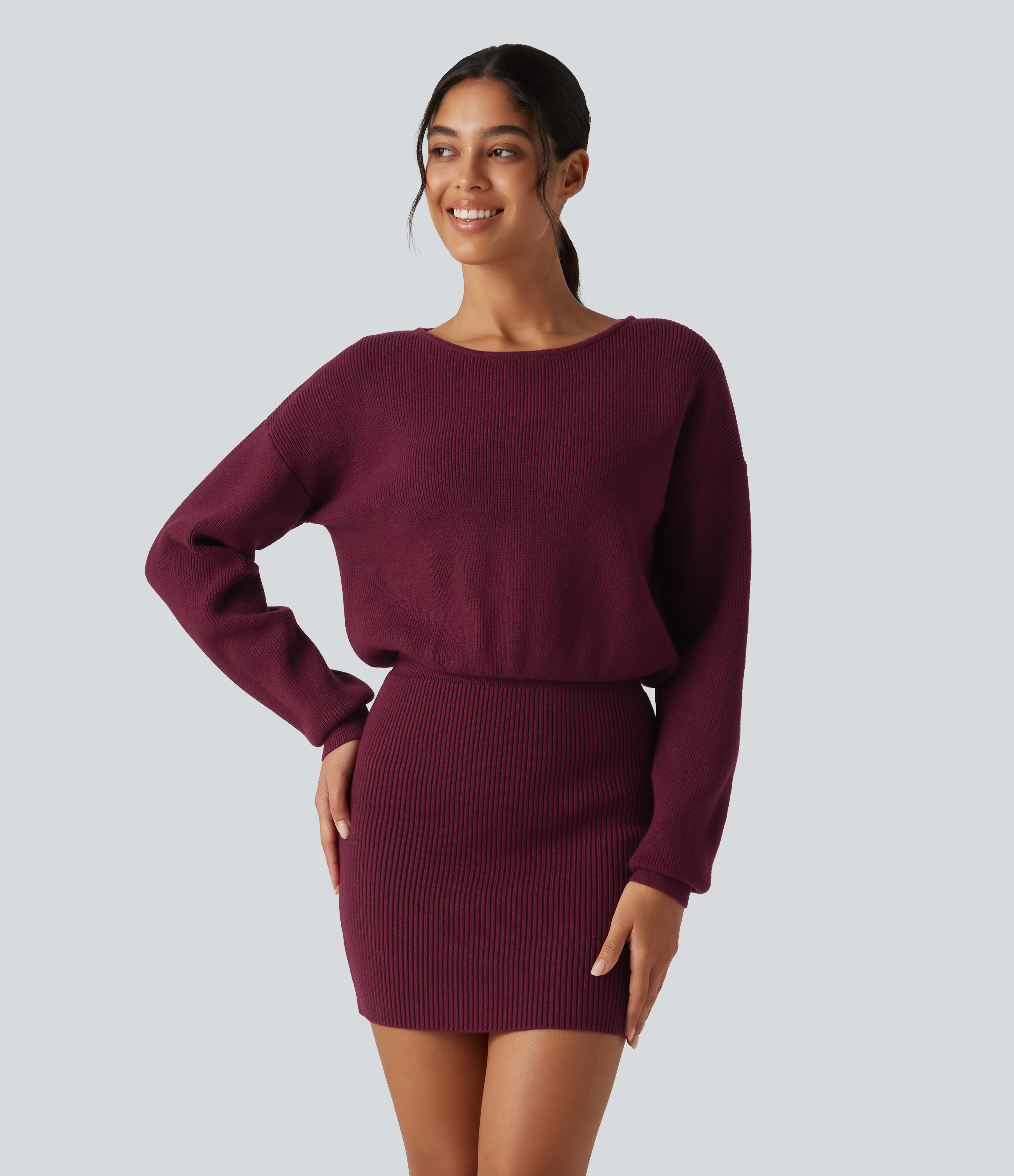 Boat Neck Long Sleeve T Type Bodycon Mini Casual Sweater Dress