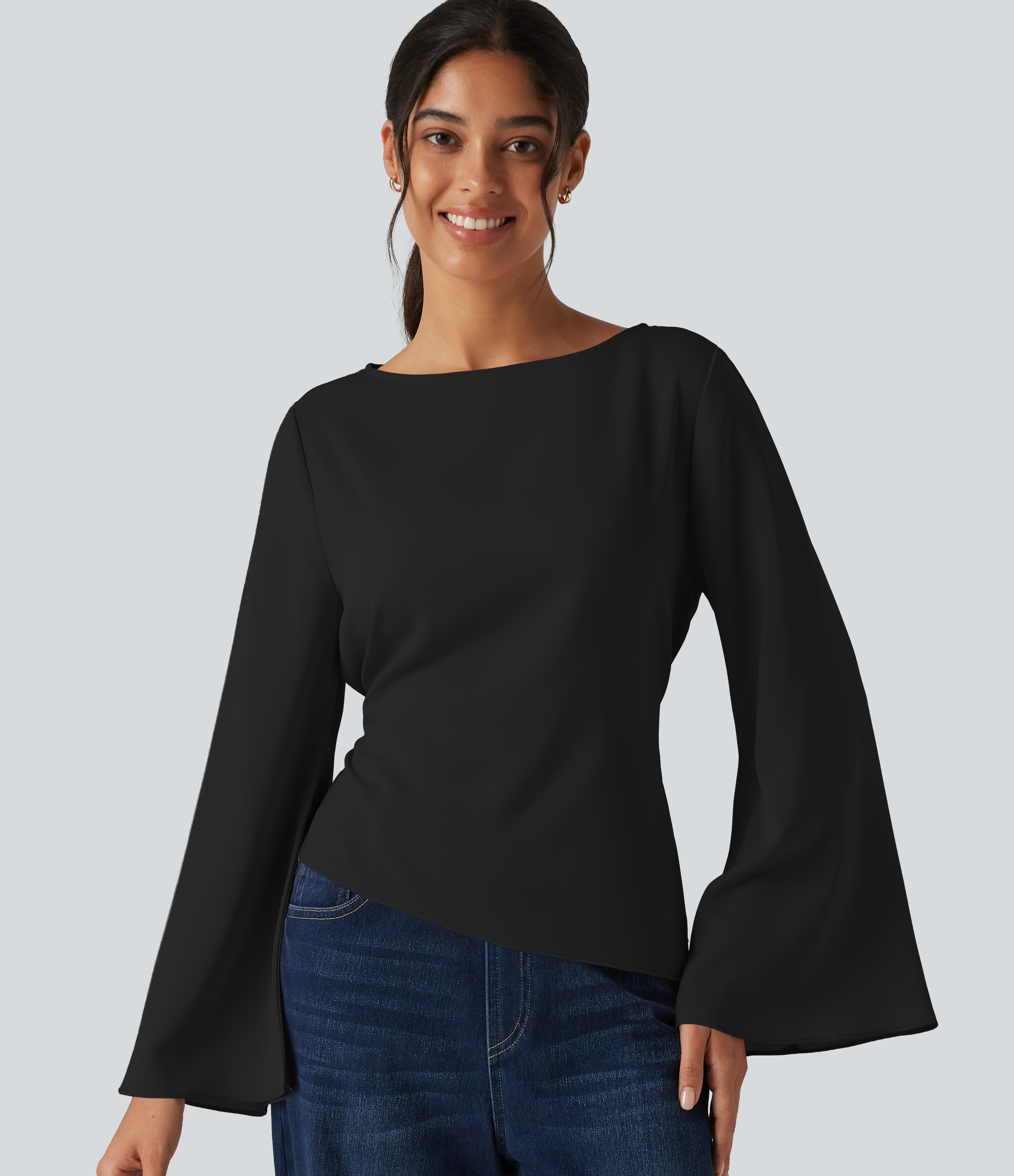 Boat Neck Flounce Long Sleeve Tie Back Asymmetric Hem Casual Blouse