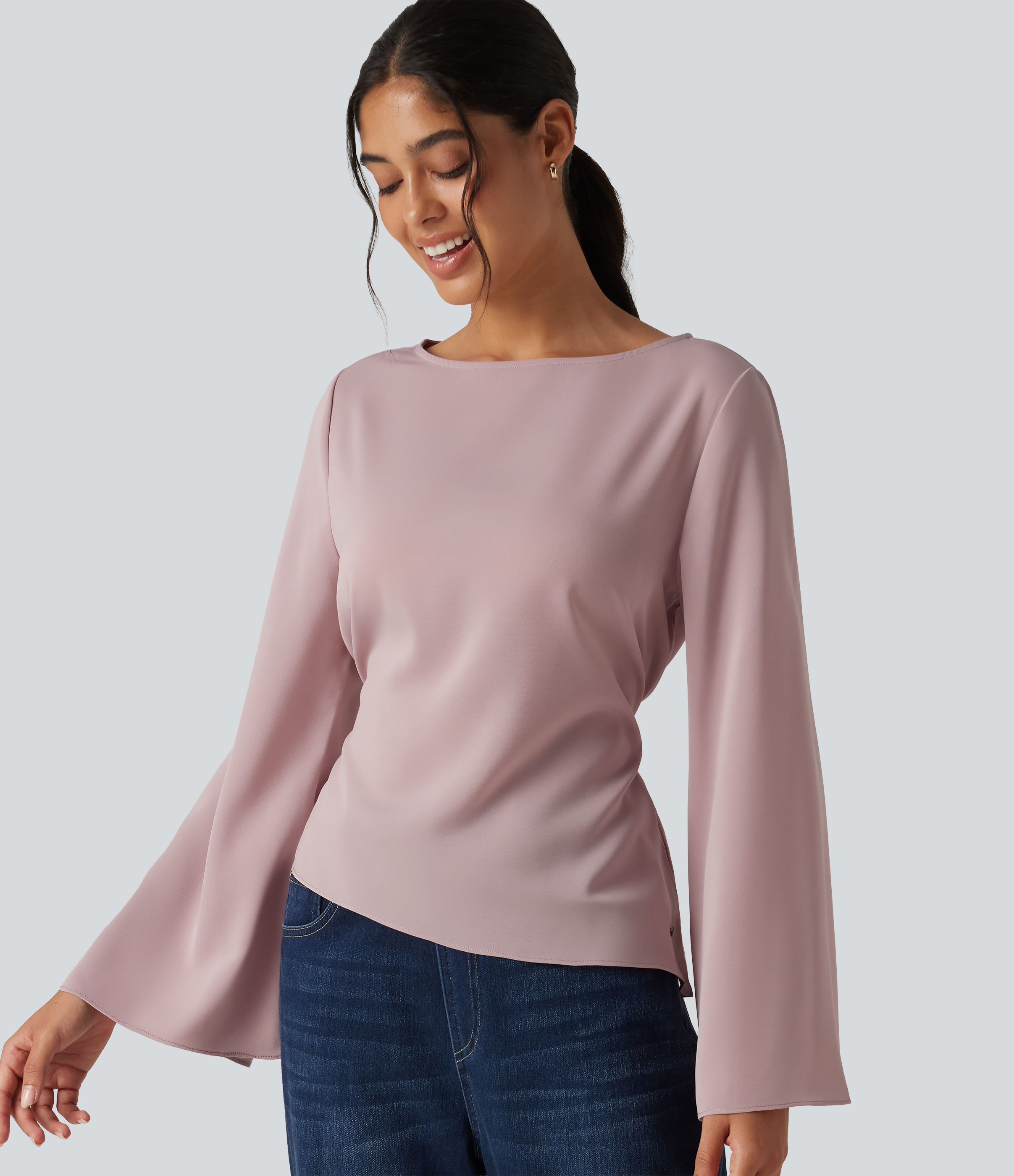 Boat Neck Flounce Long Sleeve Tie Back Asymmetric Hem Casual Blouse