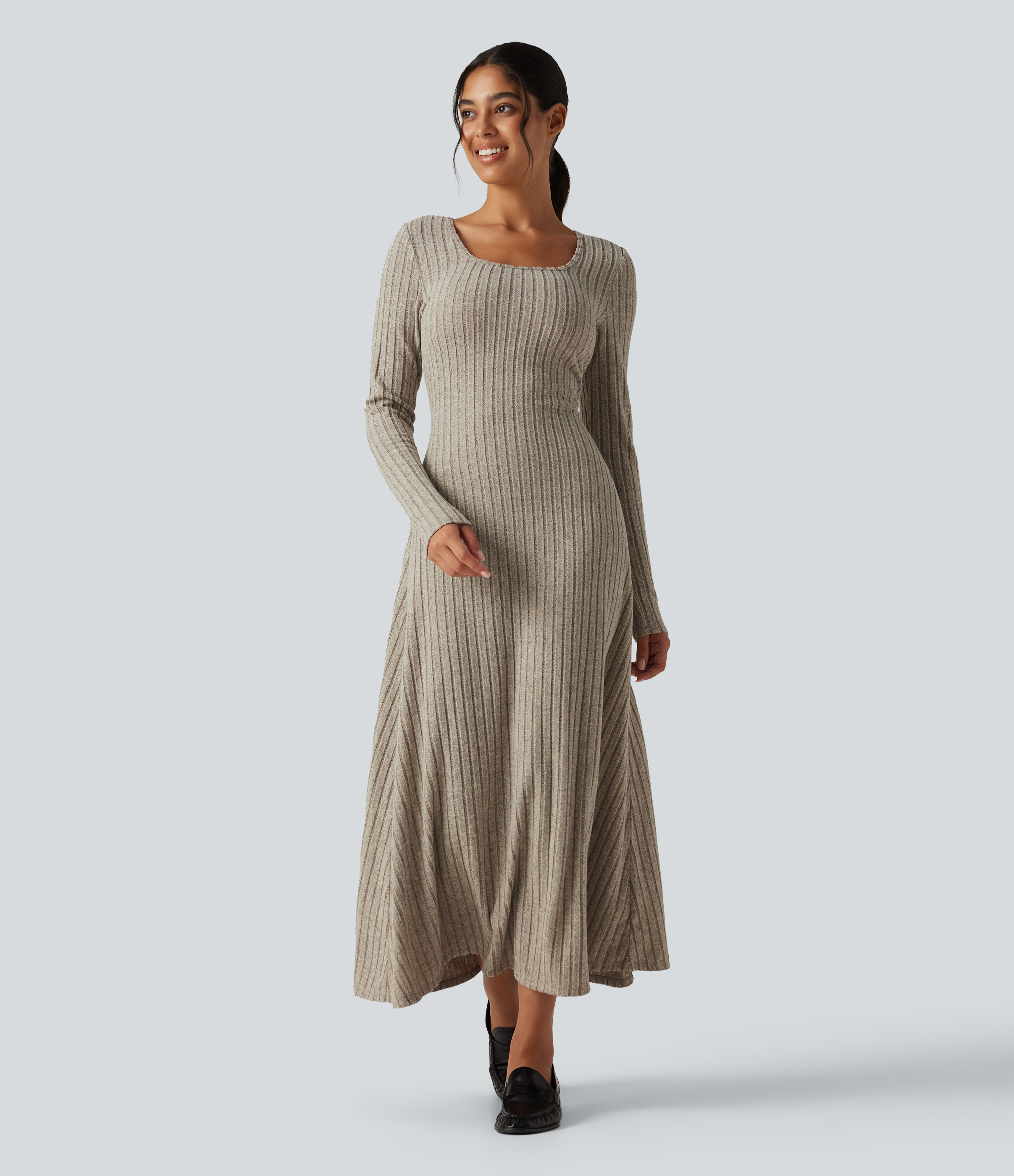 Ribbed Knit U Neck Long Sleeve Midi Casual Dress