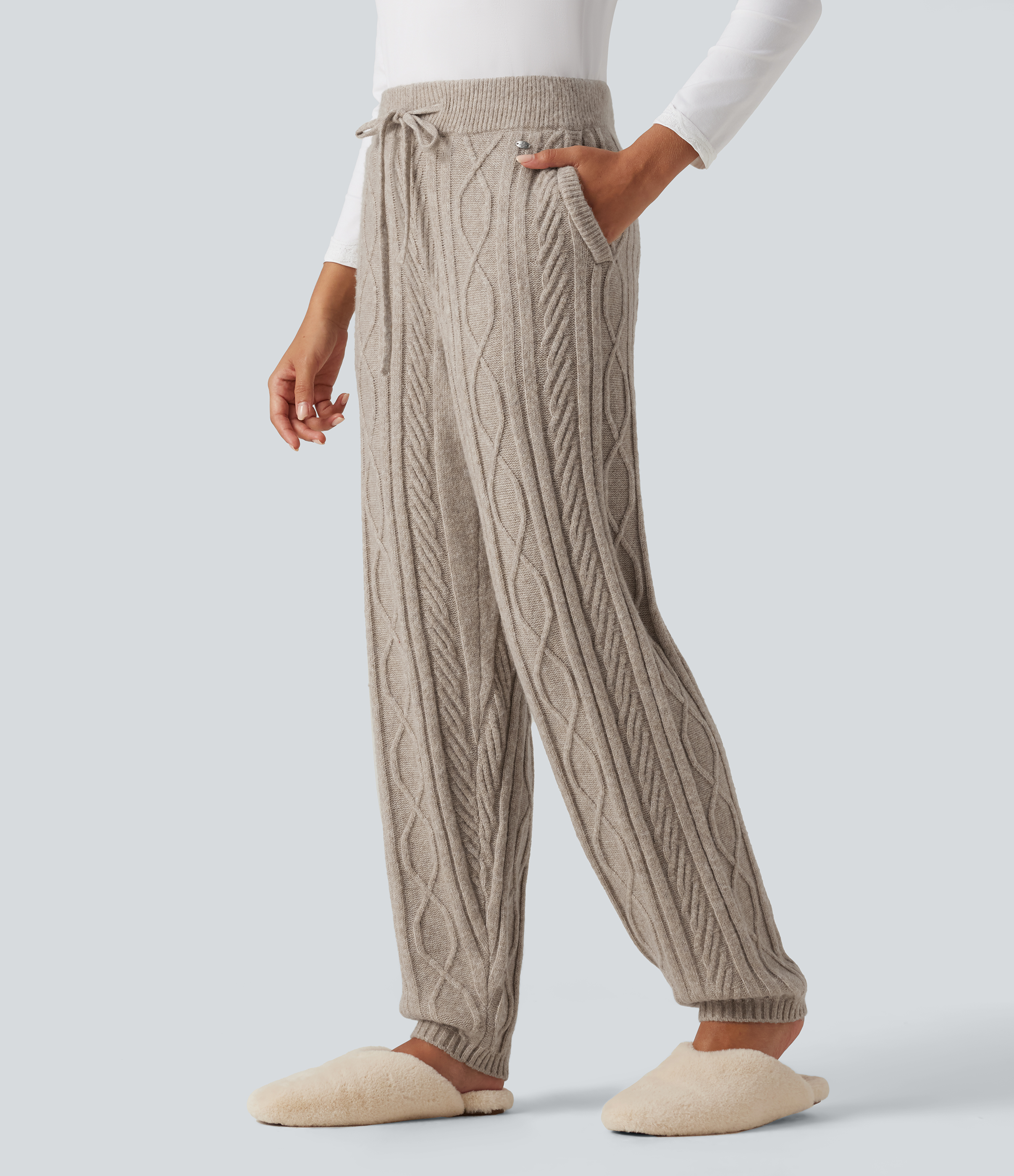 High Waisted Drawstring Cable Knit Lounging Sweater Pants with Pockets
