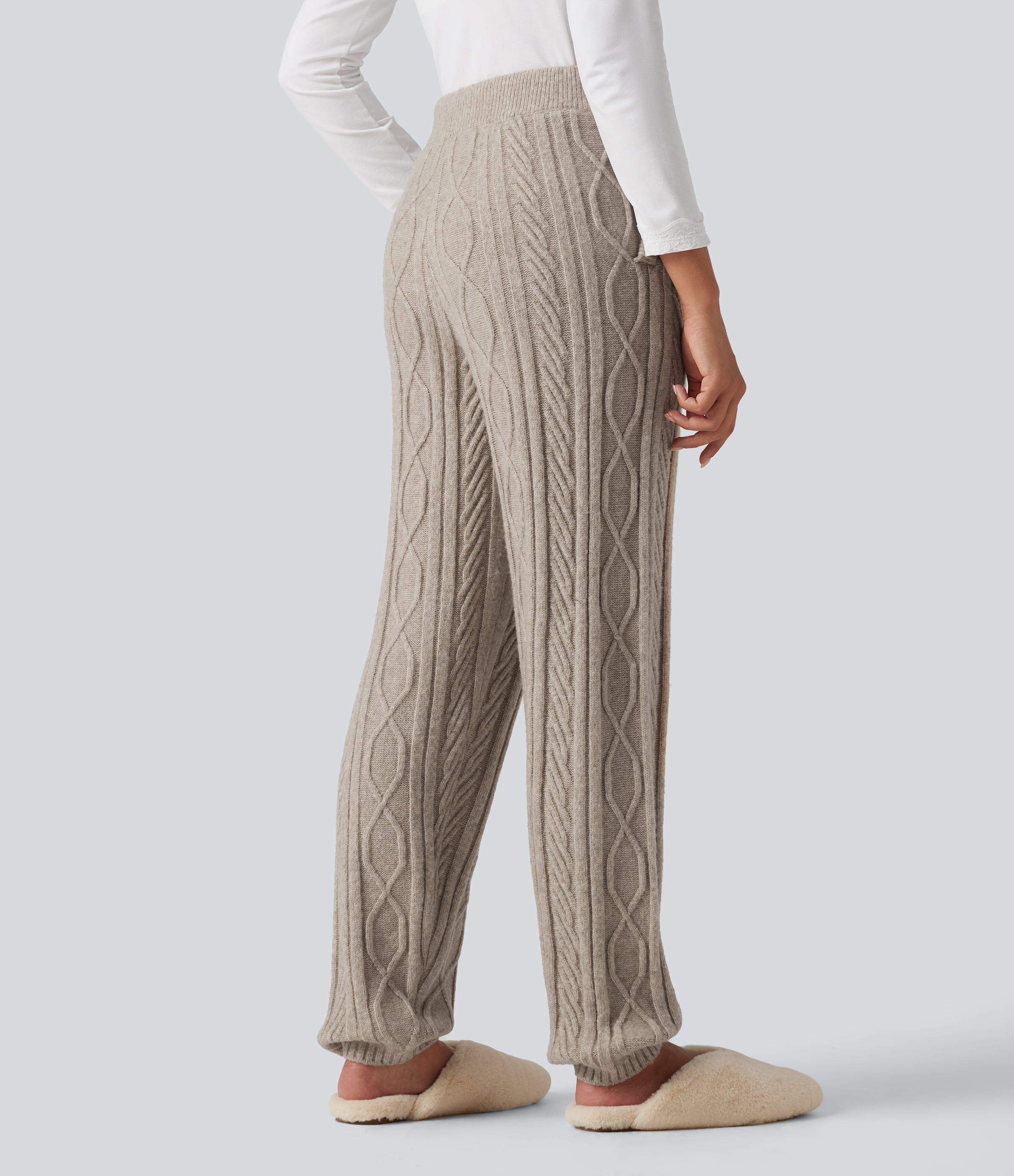 Oxford Tan High Waisted Drawstring Cable Knit Lounging Sweater Pants with Pockets / 2