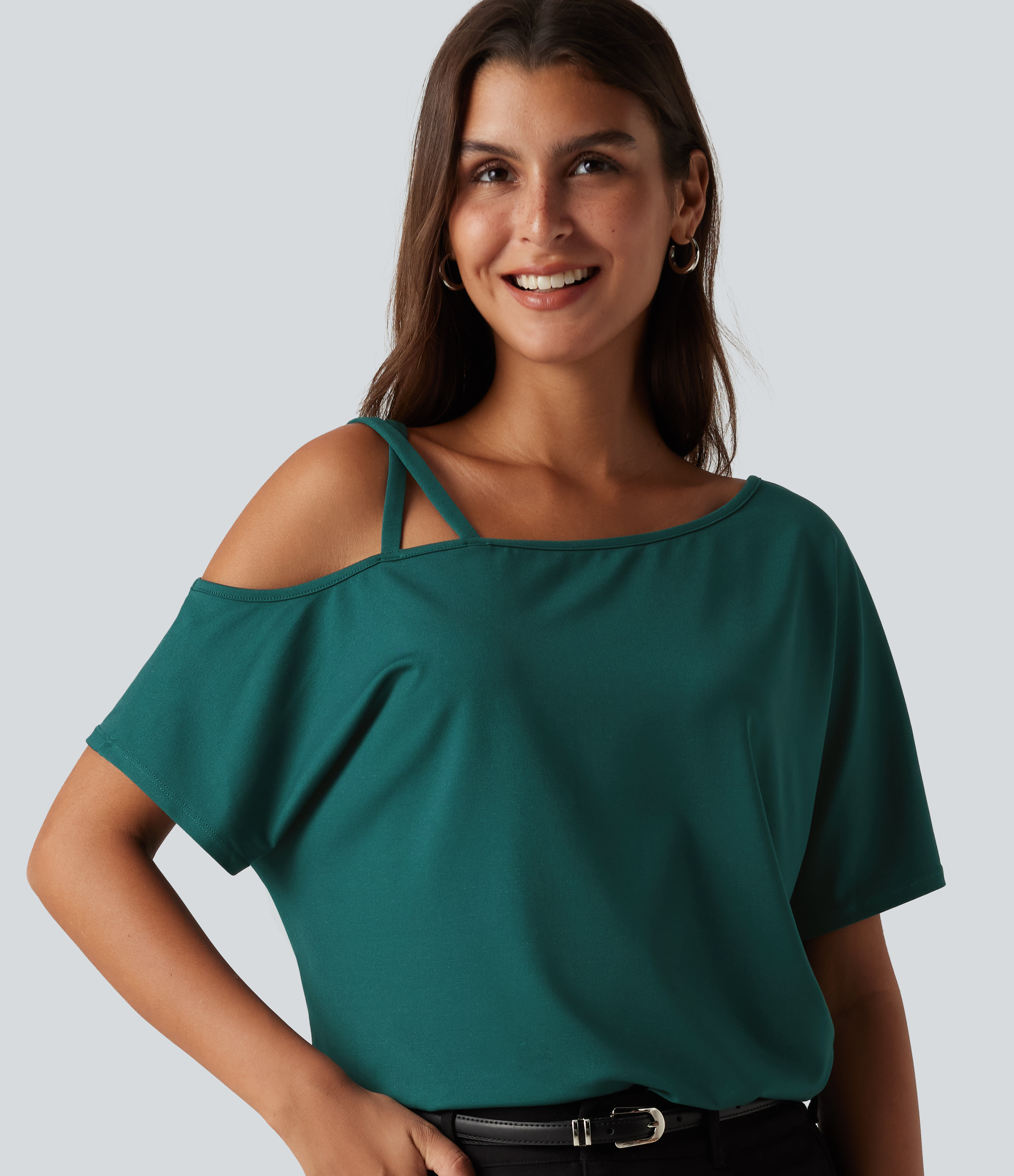 One Shoulder Crossover Short Sleeve Curved Hem Casual Top