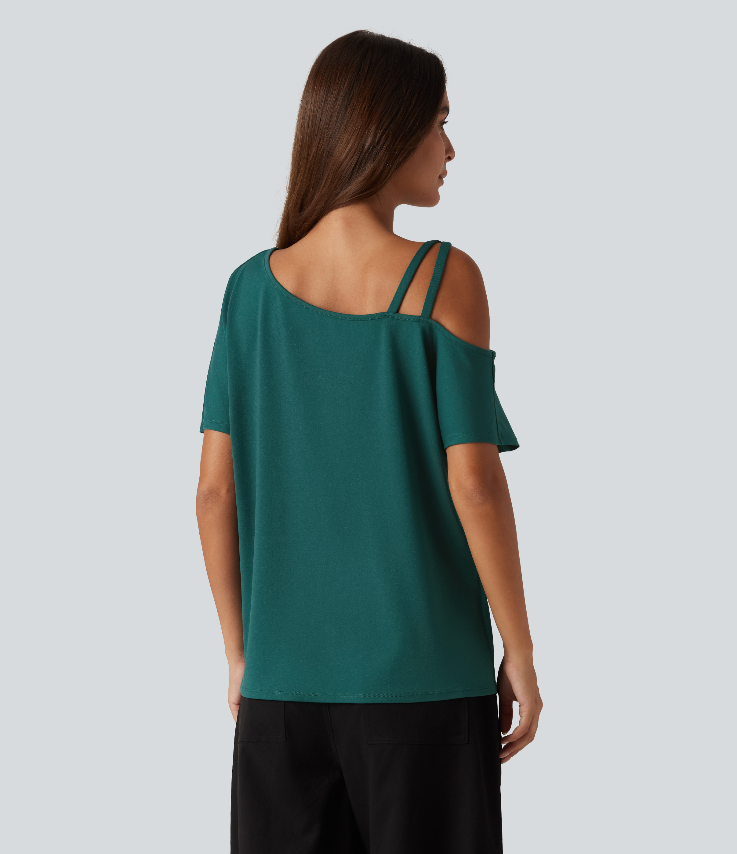 June Bug One Shoulder Crossover Short Sleeve Curved Hem Casual Top / 2