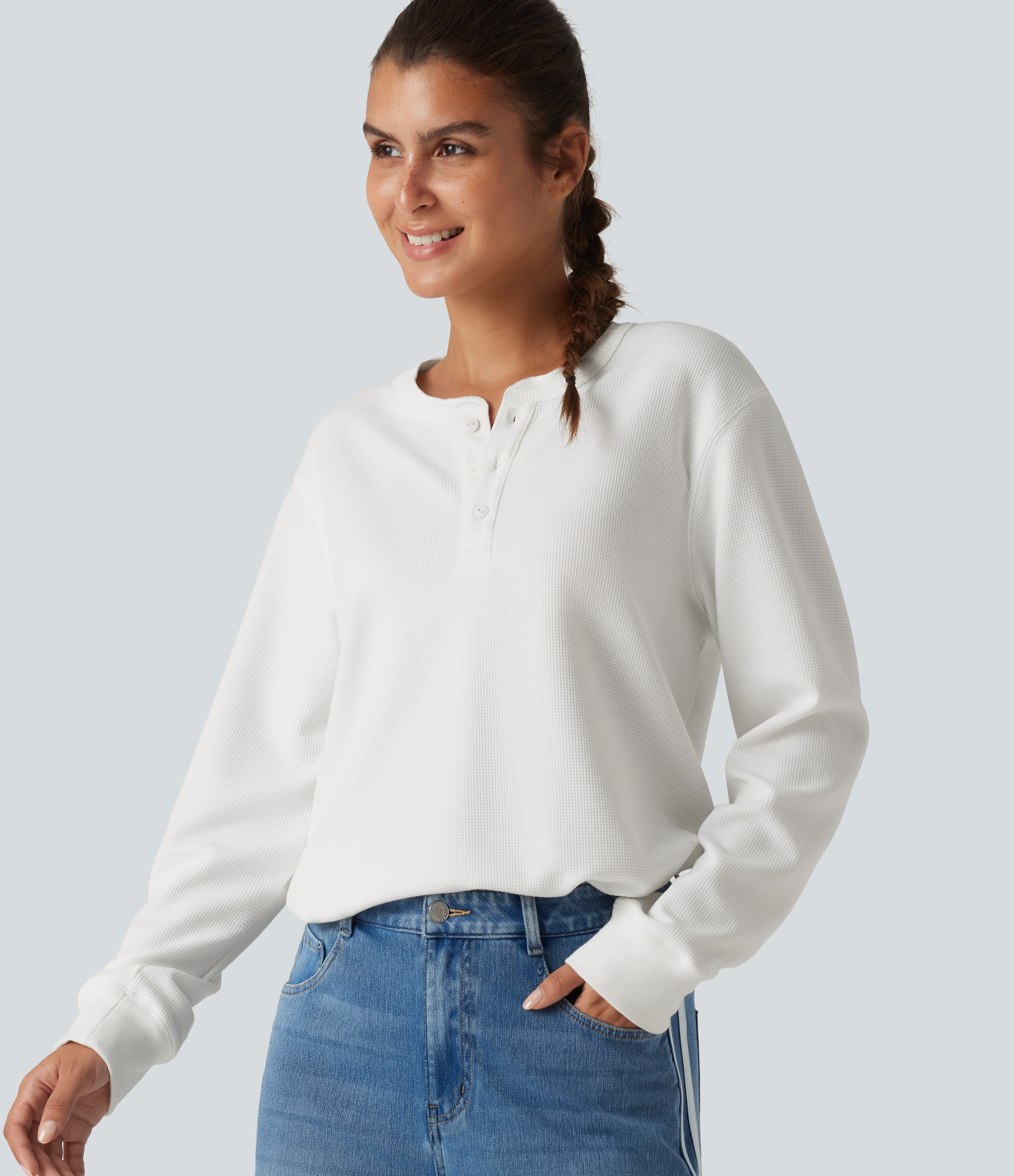 Henley Neck Long Sleeve Waffle Casual Top