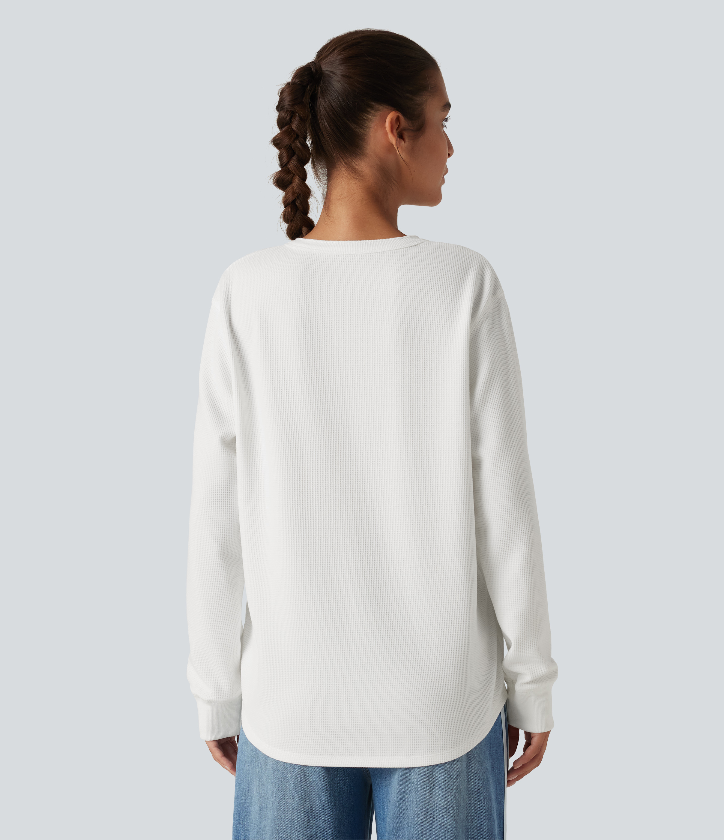 White Henley Neck Long Sleeve Waffle Casual Top / 2