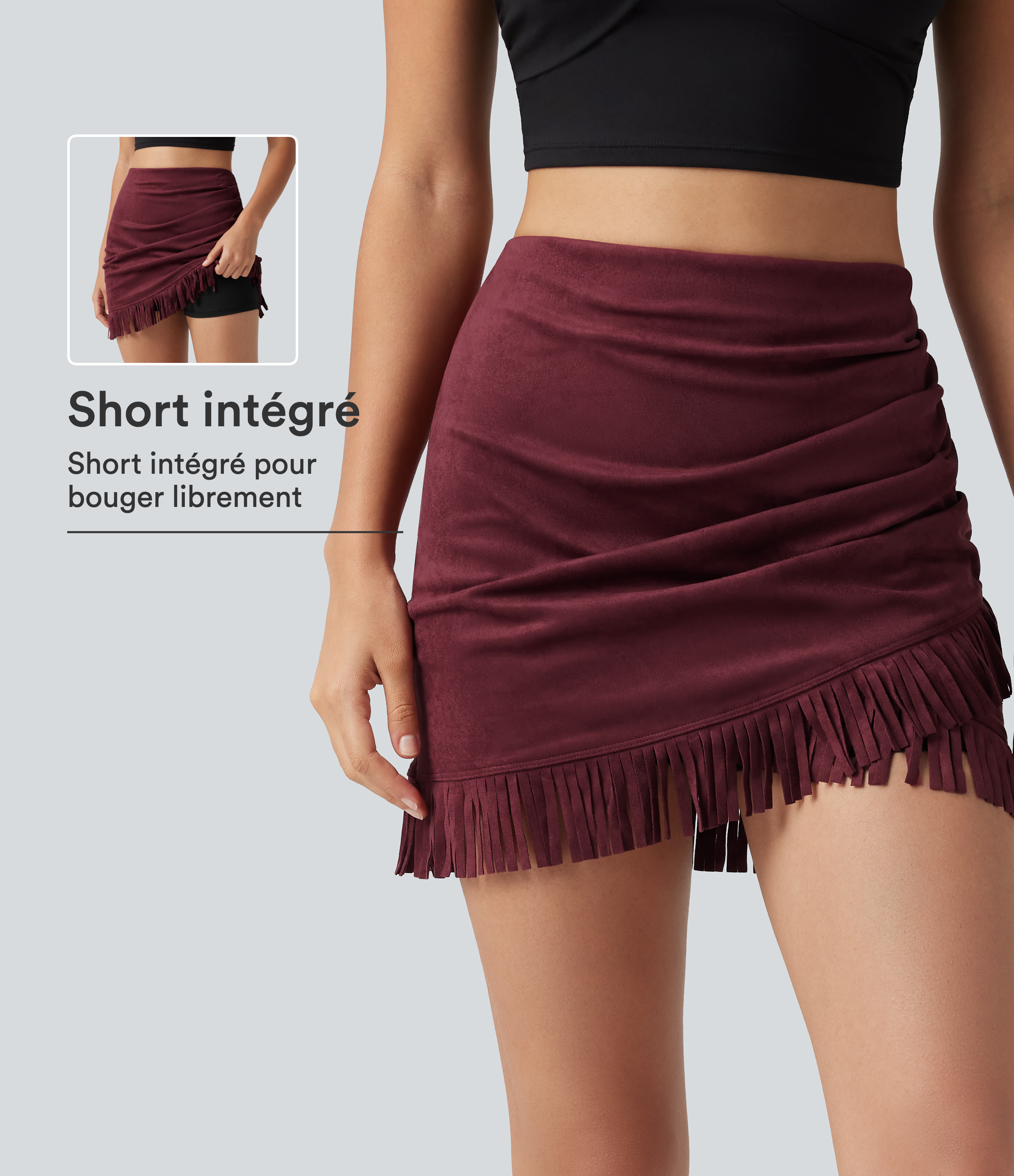 Jupe-short mini de soirée moulante taille haute en suédine avec ourlet à franges