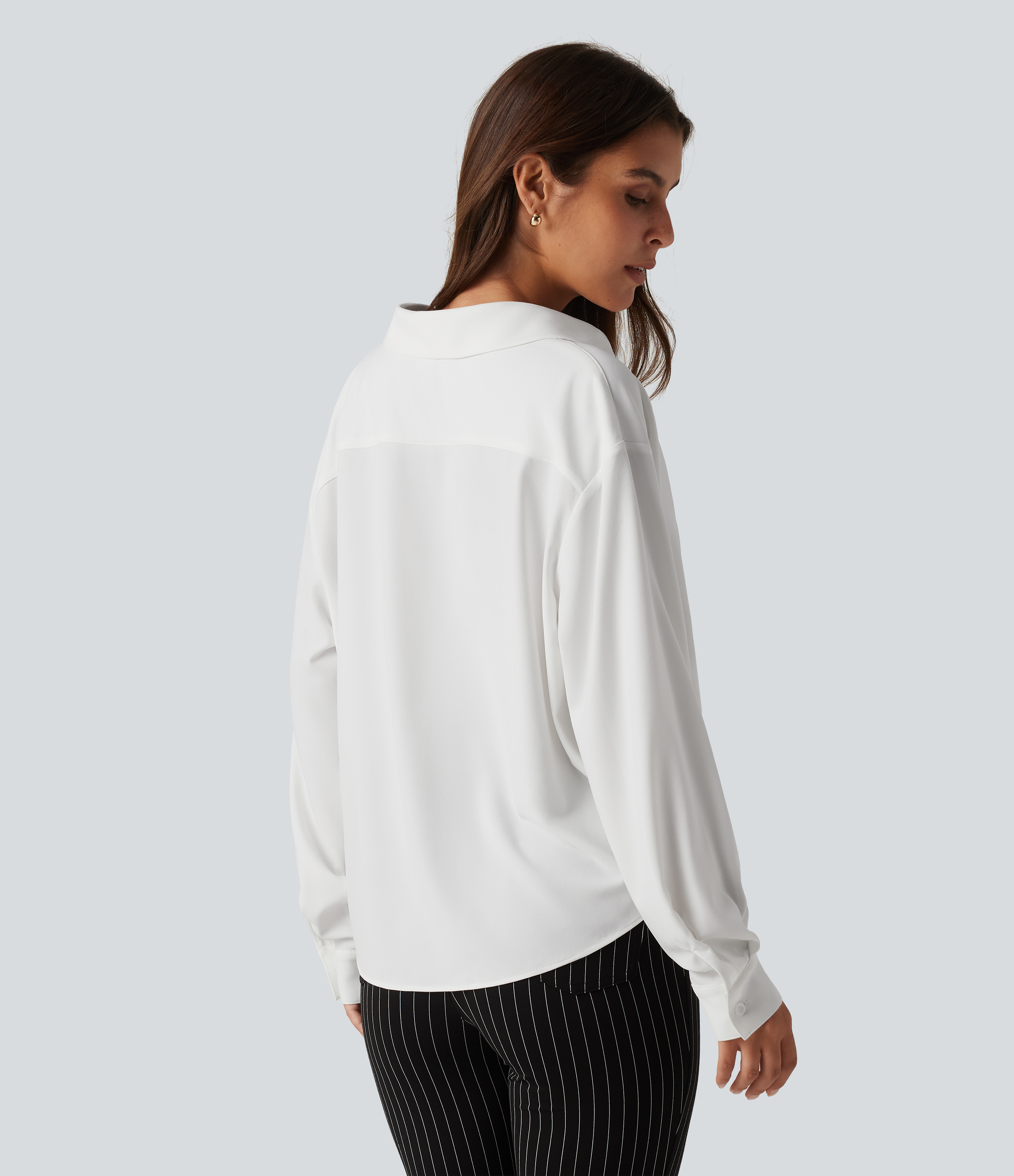 White Collared Long Sleeve Curved Hem Work Blouse  / 2