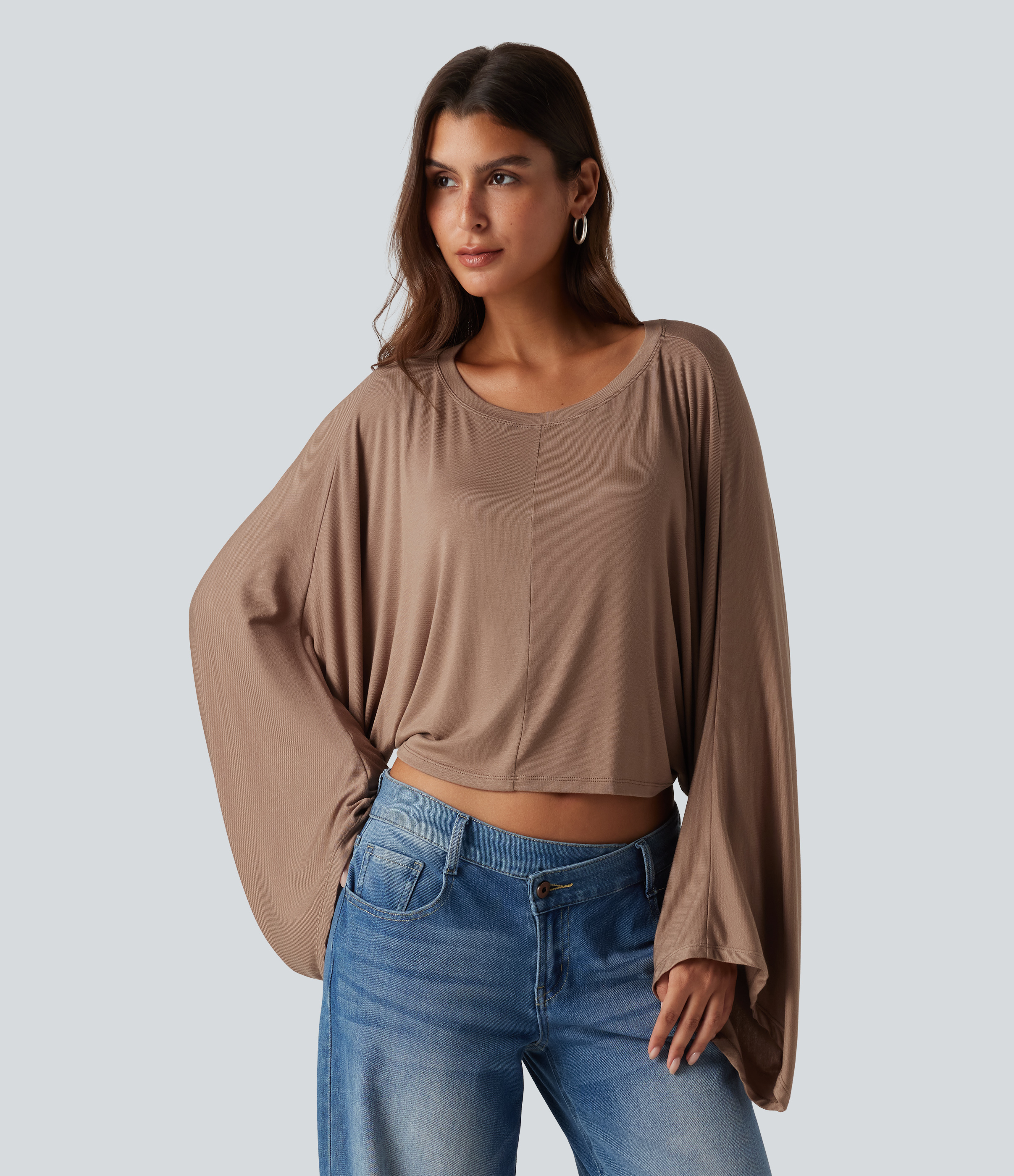 Ribbed Boat Neck Long Sleeve Batwing Casual Top