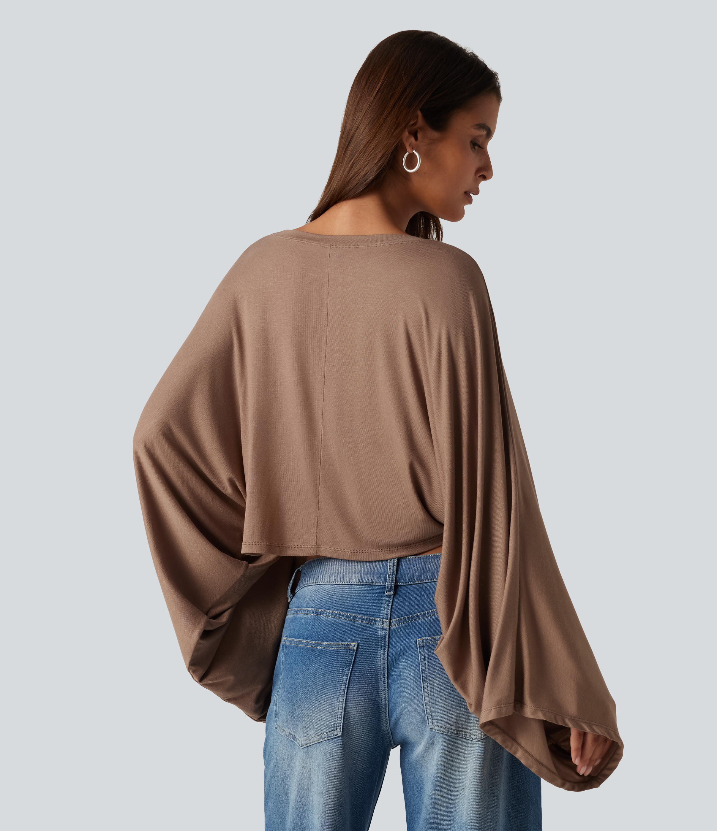 Beaver Fur Ribbed Boat Neck Long Sleeve Batwing Casual Top / 2