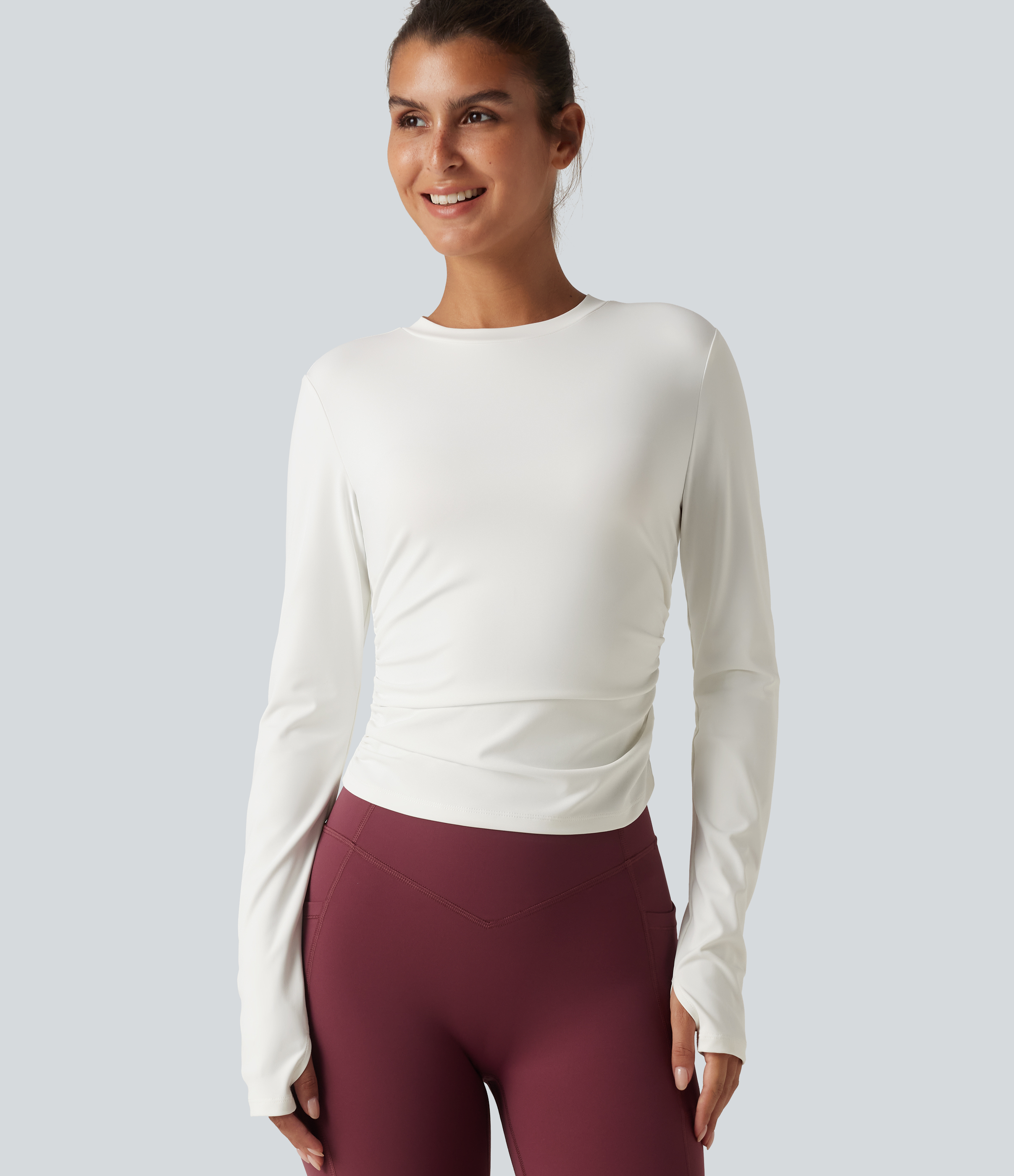 Round Neck Long Sleeve Thumb Hole Ruched Yoga Sports Top