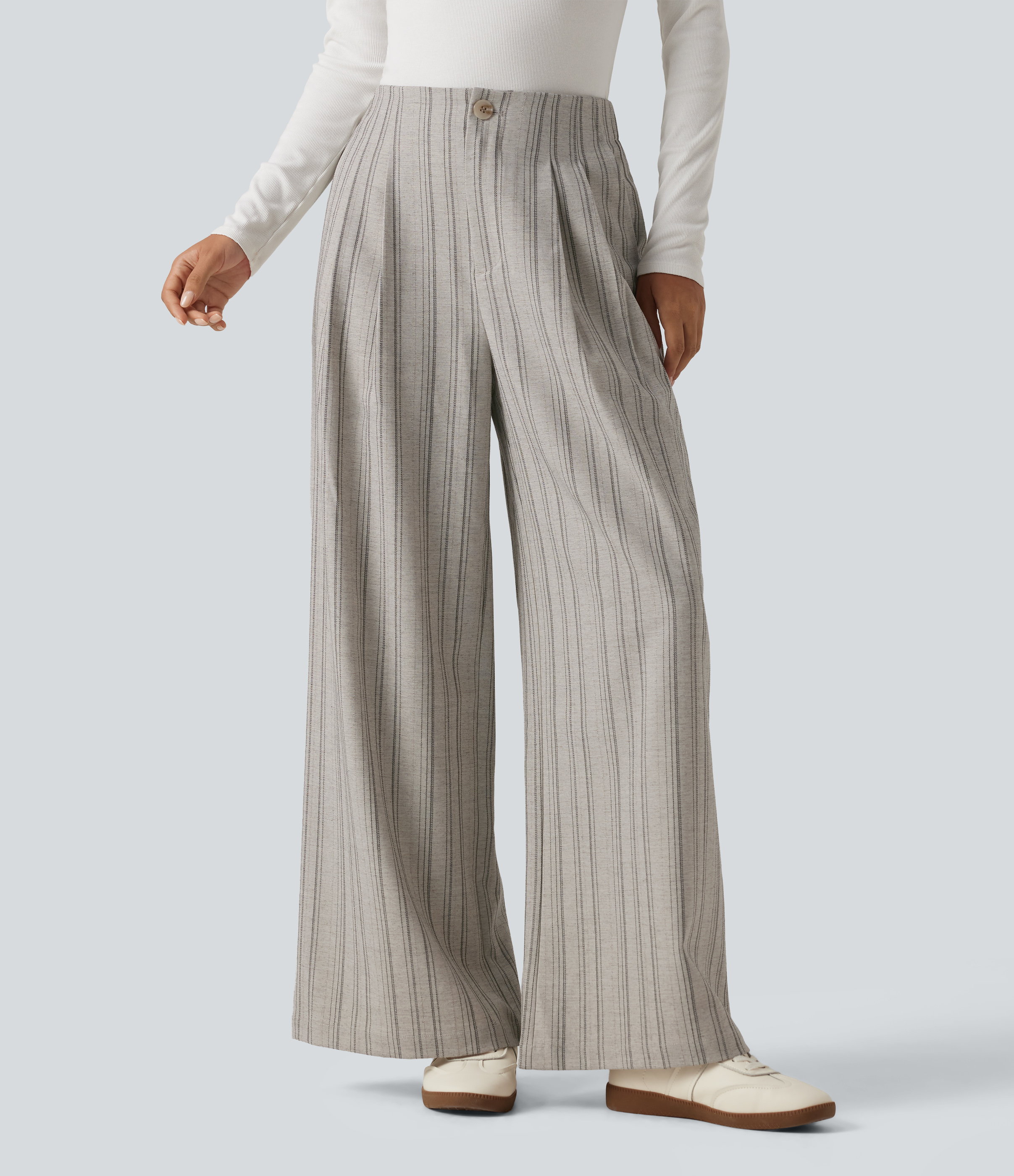 Pantalones holgados de talle alto a rayas, efecto lino, casual, con bolsillos