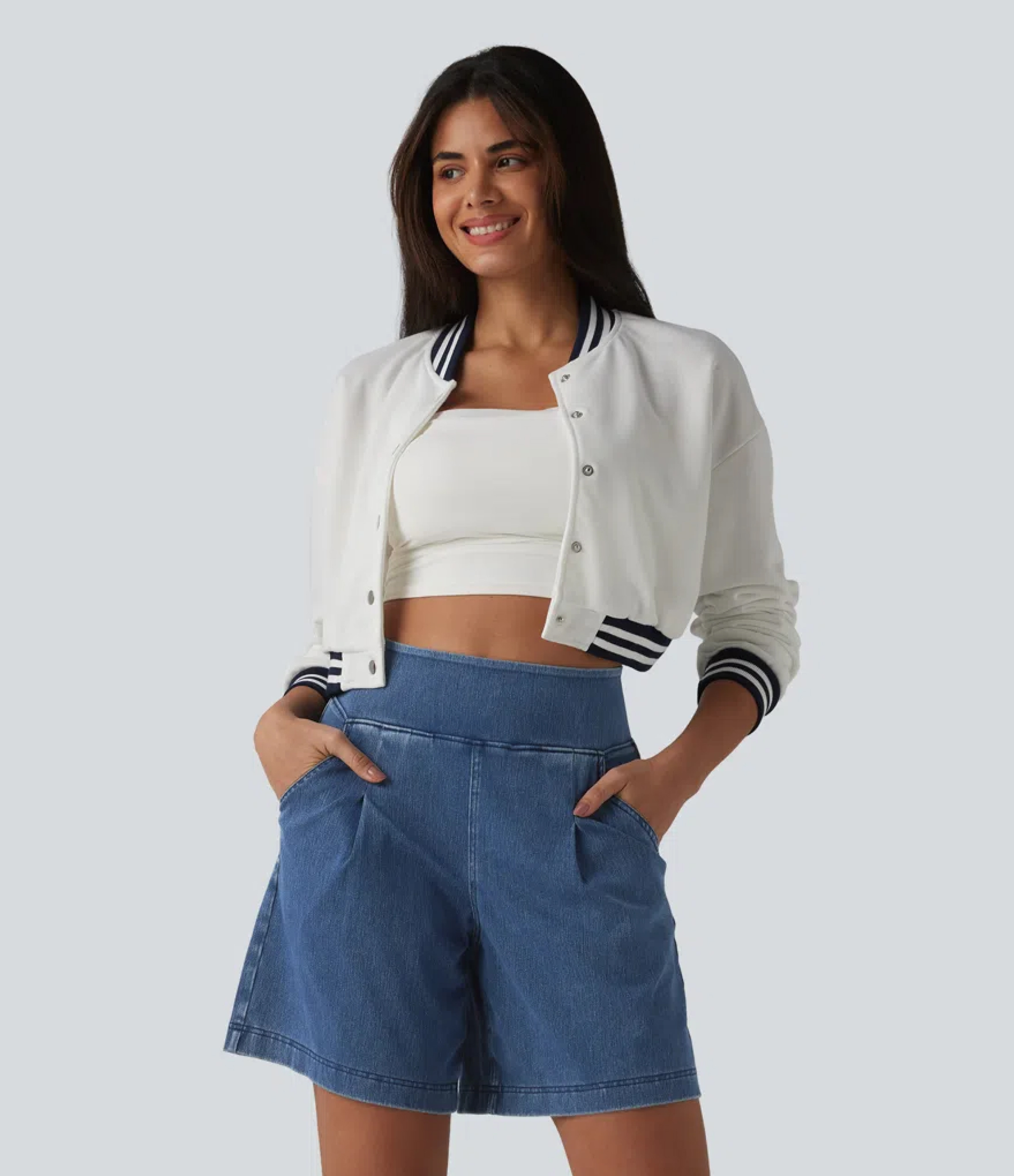 Halara Flex™ High Waisted Denim Casual Baggy Bermuda Shorts 7'' with Pockets