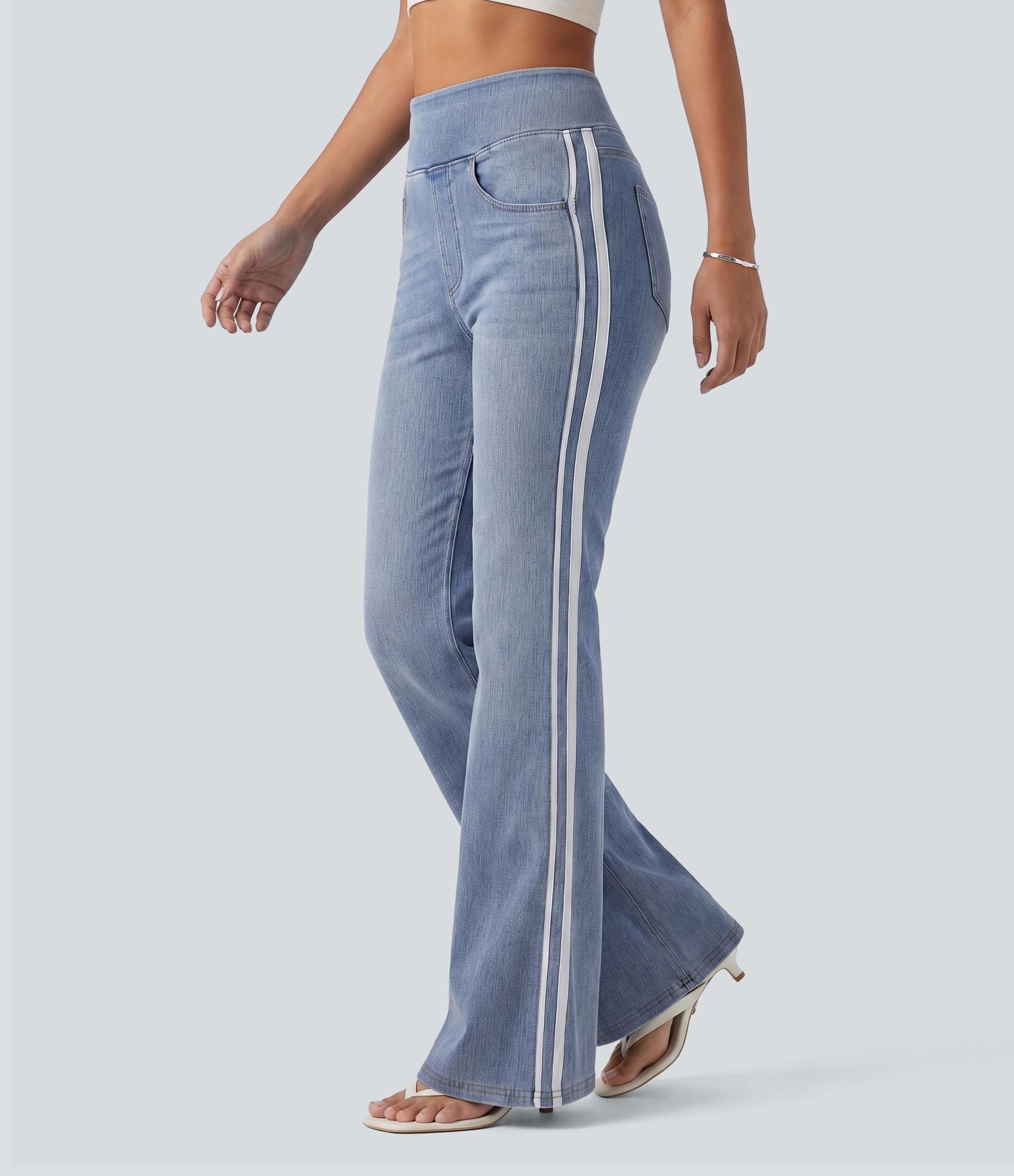 Halara Flex™ High Waisted Stripe Flare Washed Casual Jeans with Pockets