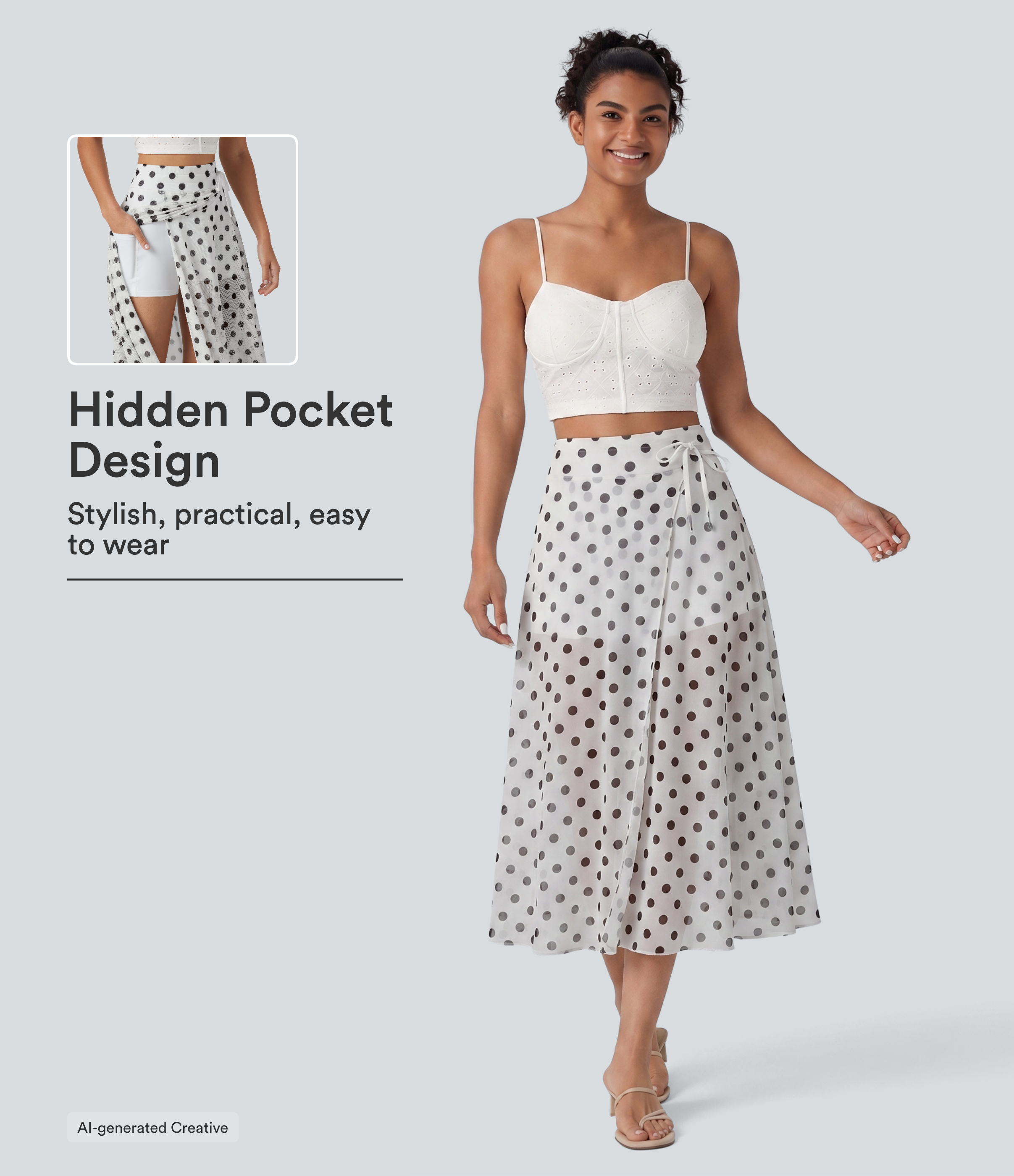 High-waisted Drawstring  Polka Dot Mesh 2-in-1 Midi Flowy Flare Resort Skirt with Pockets