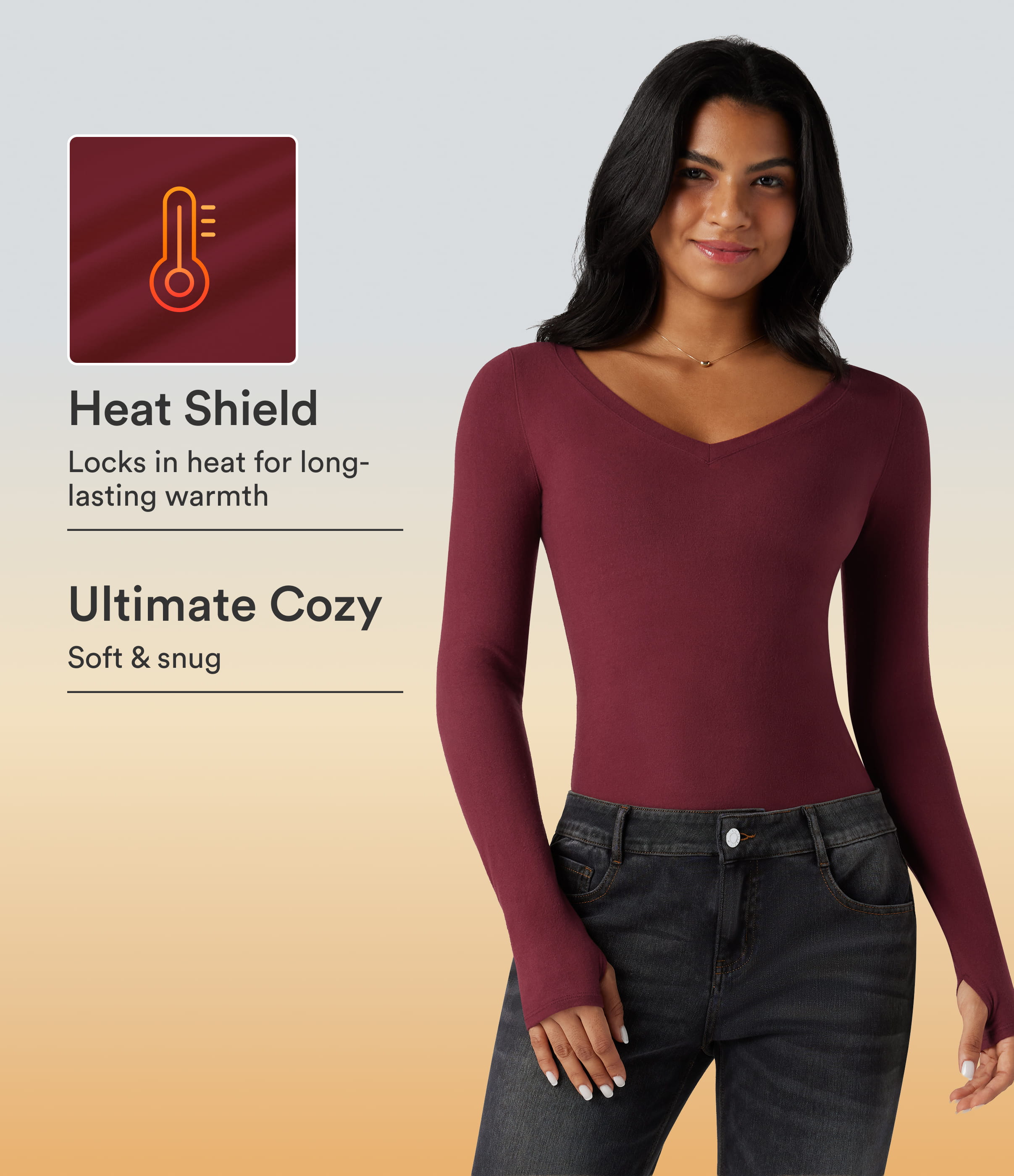 Halara HeatCore V Neck Long Sleeve Thumb Hole Casual Warming Top