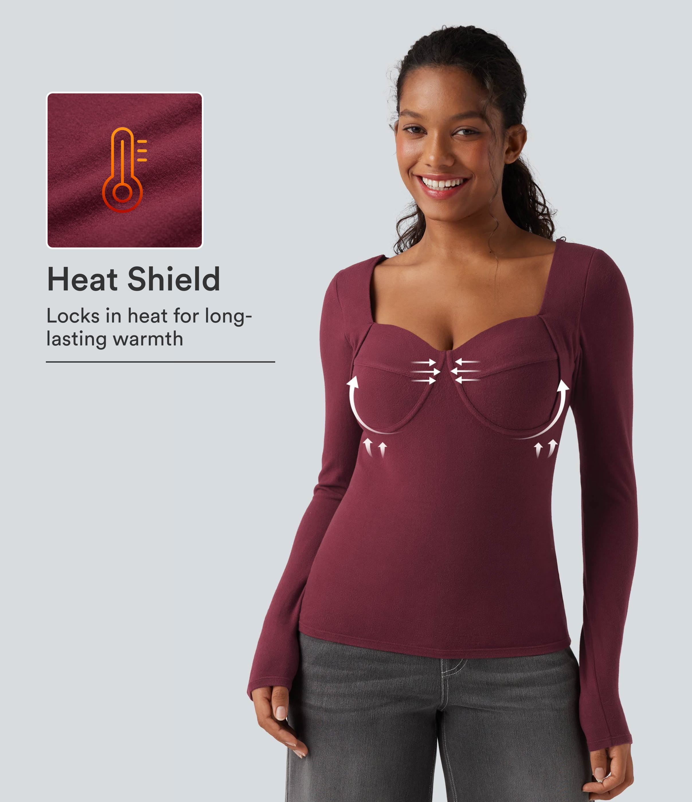 Halara HeatCore Sweetheart Neck Push-Up Long Sleeve Casual Warming Top D/DD Cup