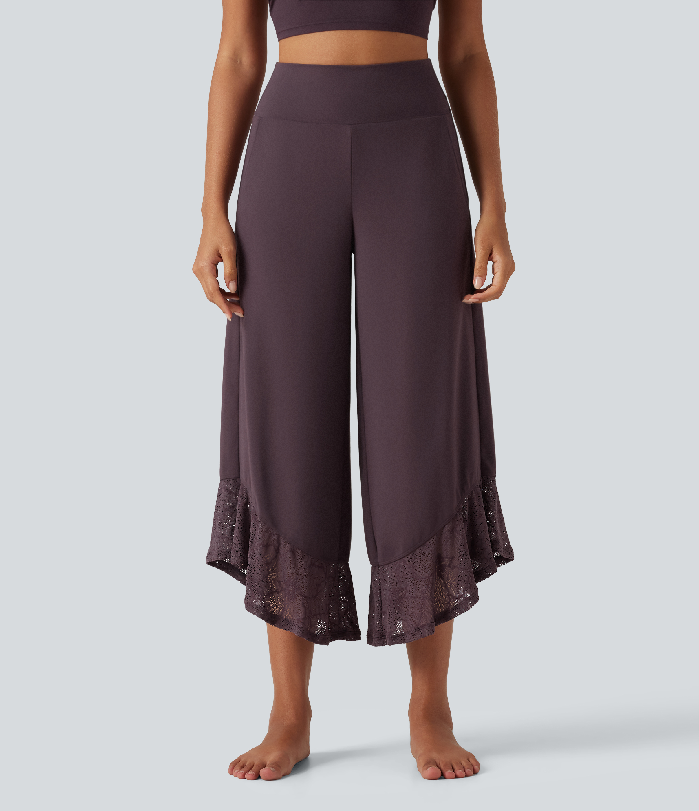 SoftlyZero™ High Waisted Contrast Lace Curved Hem Wide Leg Yoga Pants with Pockets-UPF50+